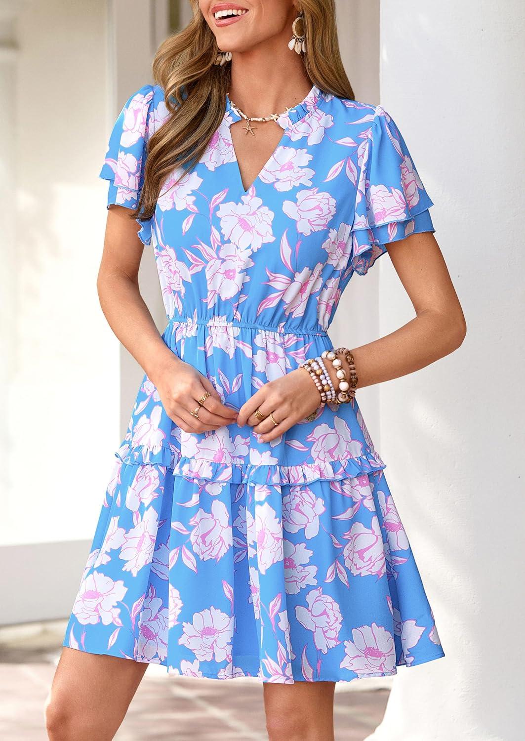 imagePRETTYGARDEN Womens Summer Floral Mini Dress 2026 Trendy Ruffle Short Sleeve V Neck Flowy A Line Short Beach DressesFloral Sky Blue White