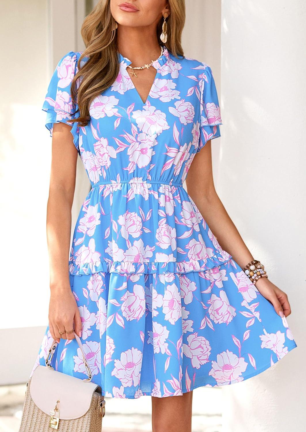 imagePRETTYGARDEN Womens Summer Floral Mini Dress 2026 Trendy Ruffle Short Sleeve V Neck Flowy A Line Short Beach DressesFloral Sky Blue White