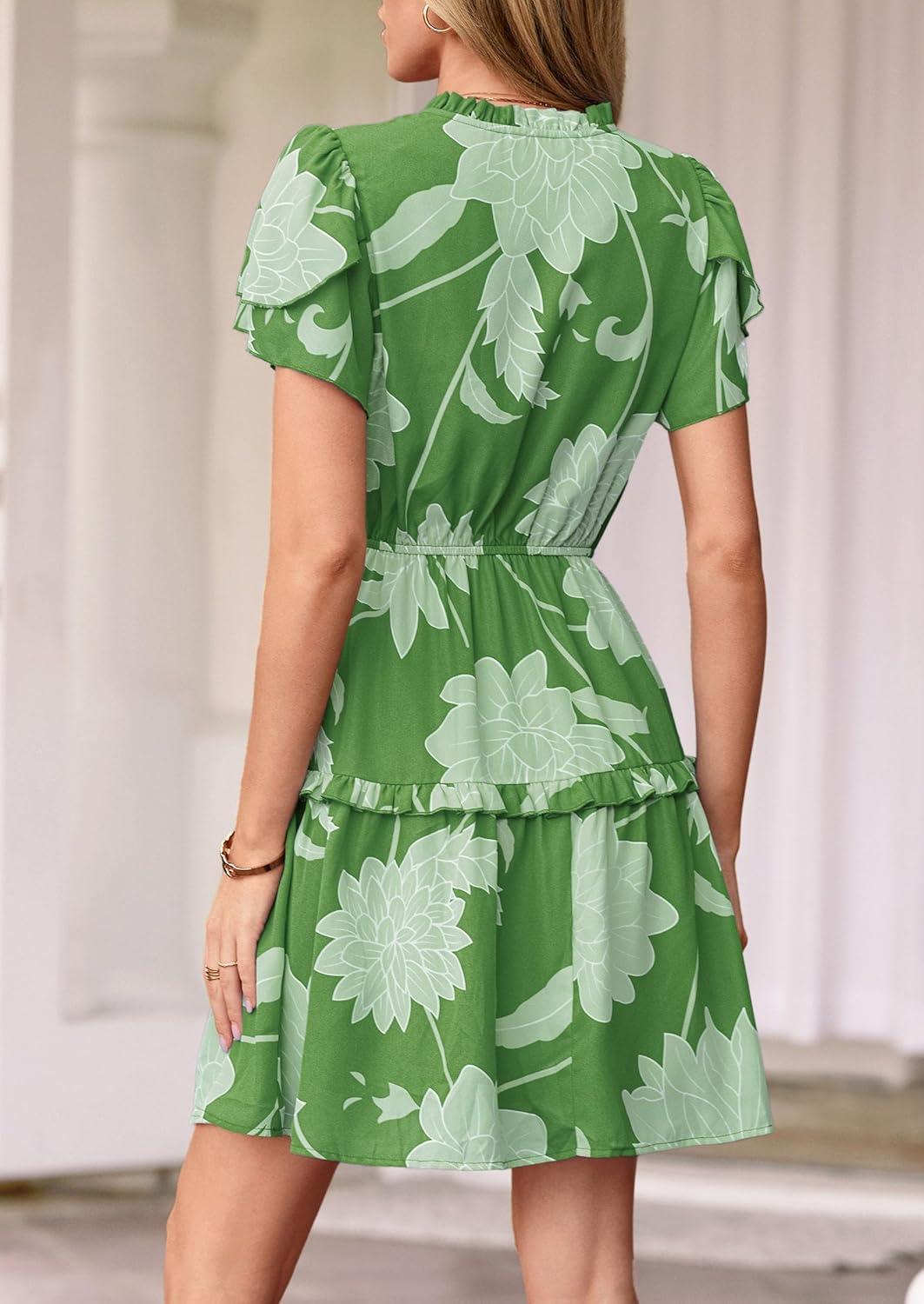 imagePRETTYGARDEN Womens Summer Floral Mini Dress 2026 Trendy Ruffle Short Sleeve V Neck Flowy A Line Short Beach DressesGreen Floral