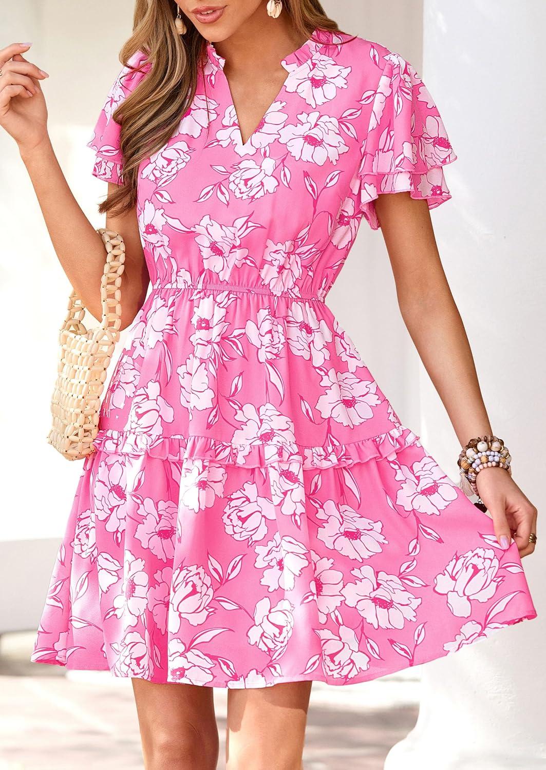imagePRETTYGARDEN Womens Summer Floral Mini Dress 2026 Trendy Ruffle Short Sleeve V Neck Flowy A Line Short Beach DressesPink Floral