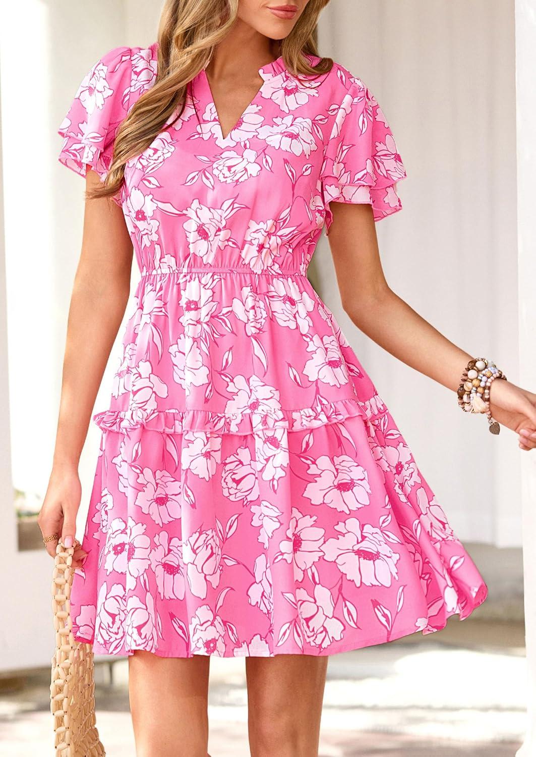 imagePRETTYGARDEN Womens Summer Floral Mini Dress 2026 Trendy Ruffle Short Sleeve V Neck Flowy A Line Short Beach DressesPink Floral