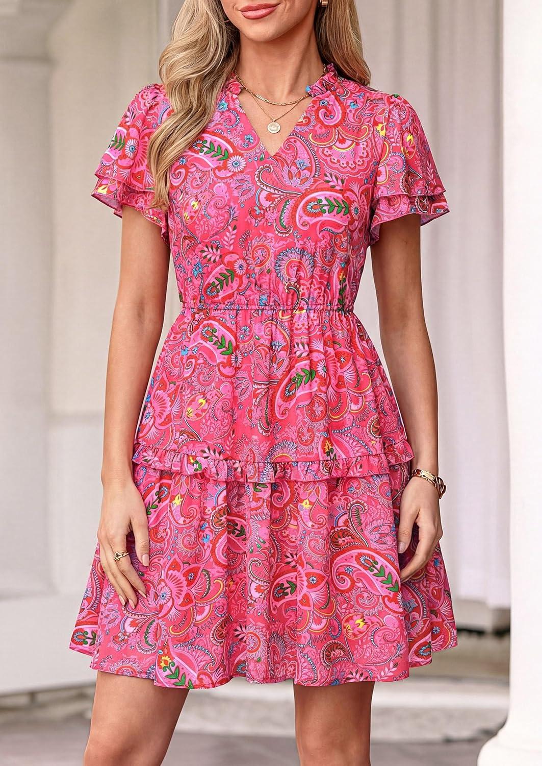 imagePRETTYGARDEN Womens Summer Floral Mini Dress 2026 Trendy Ruffle Short Sleeve V Neck Flowy A Line Short Beach DressesRose Red Floral