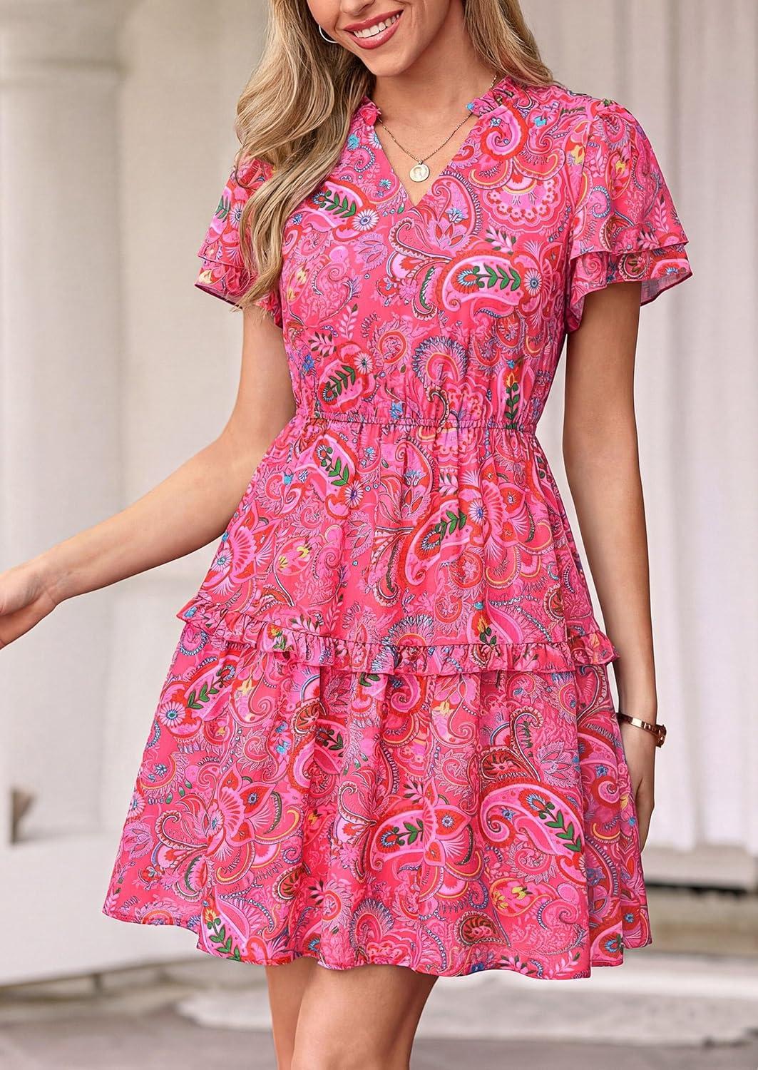 imagePRETTYGARDEN Womens Summer Floral Mini Dress 2026 Trendy Ruffle Short Sleeve V Neck Flowy A Line Short Beach DressesRose Red Floral