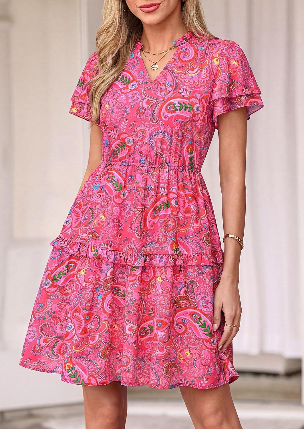 imagePRETTYGARDEN Womens Summer Floral Mini Dress 2026 Trendy Ruffle Short Sleeve V Neck Flowy A Line Short Beach DressesRose Red Floral