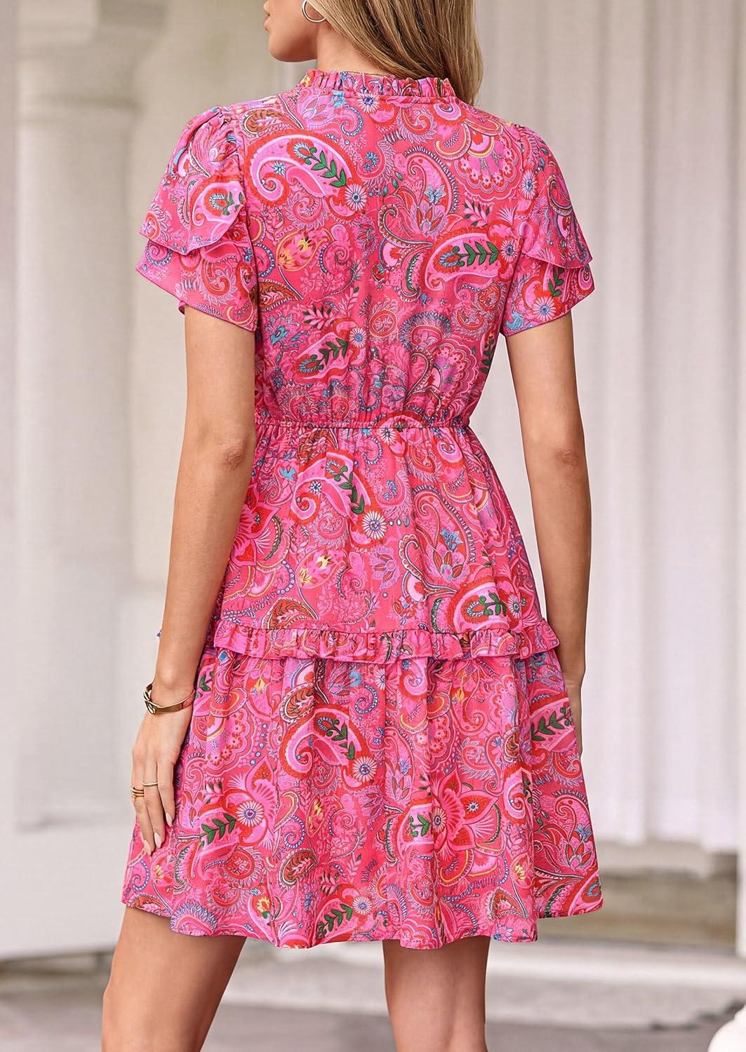 imagePRETTYGARDEN Womens Summer Floral Mini Dress 2026 Trendy Ruffle Short Sleeve V Neck Flowy A Line Short Beach DressesRose Red Floral