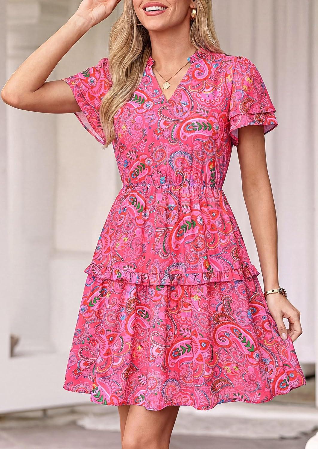 imagePRETTYGARDEN Womens Summer Floral Mini Dress 2026 Trendy Ruffle Short Sleeve V Neck Flowy A Line Short Beach DressesRose Red Floral