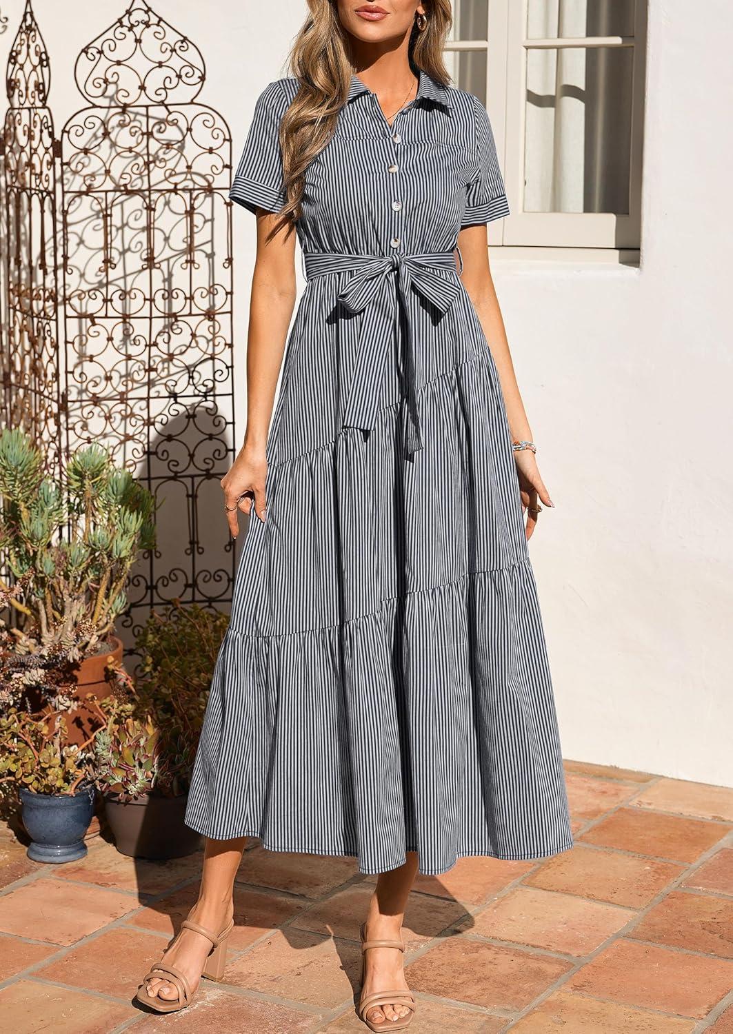 imagePRETTYGARDEN Womens Summer Maxi Button Up Shirt Dress 2026 Short Sleeve Striped A Line Long Flowy Elegant Spring DressesBlack Striped