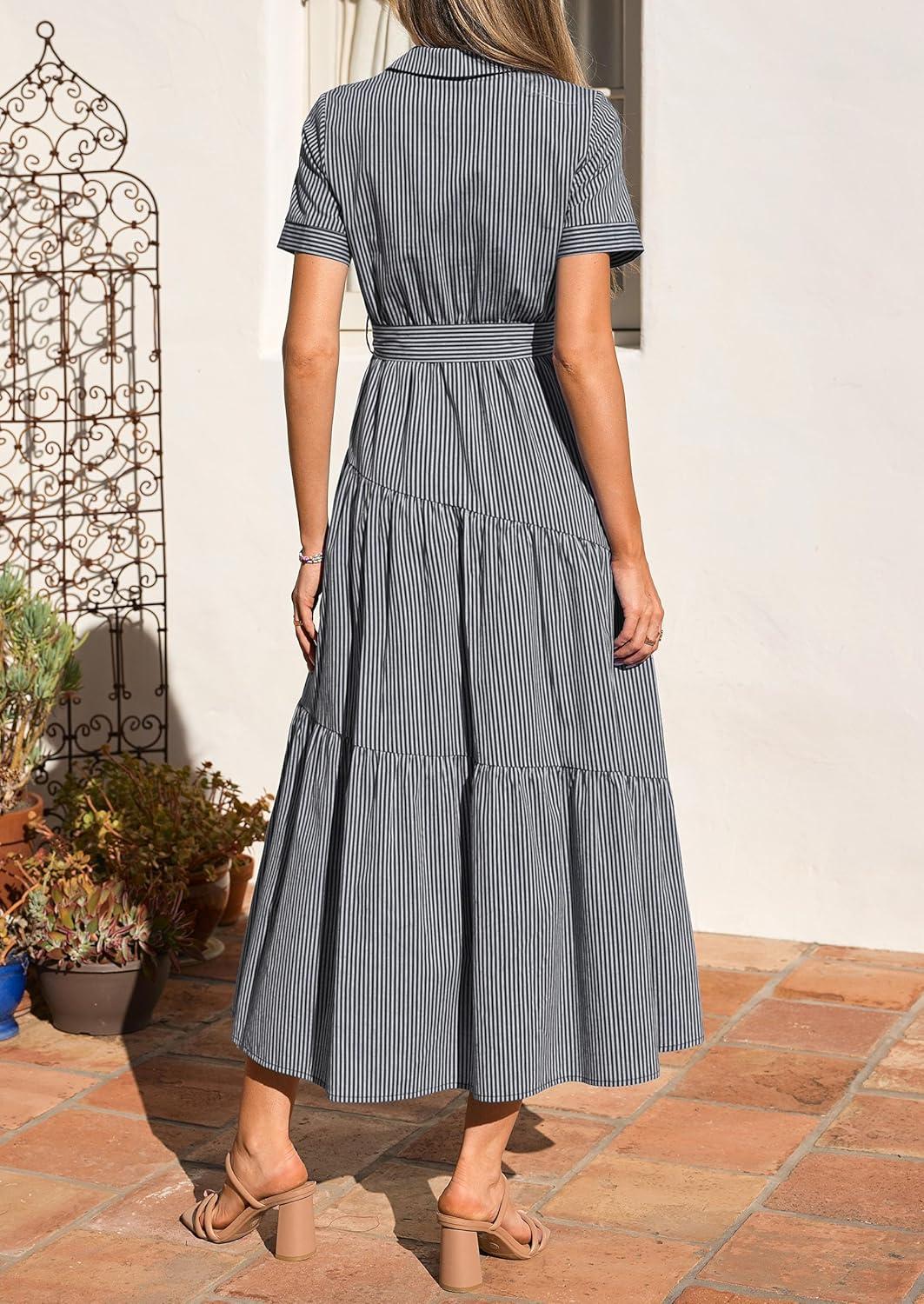 imagePRETTYGARDEN Womens Summer Maxi Button Up Shirt Dress 2026 Short Sleeve Striped A Line Long Flowy Elegant Spring DressesBlack Striped