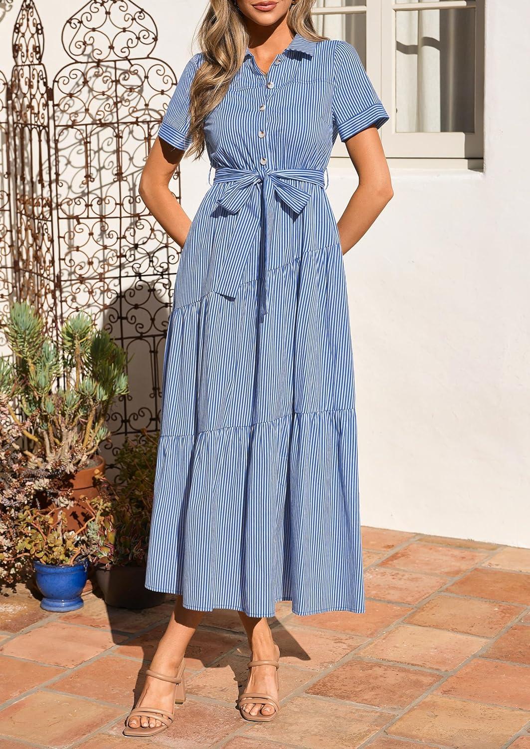 imagePRETTYGARDEN Womens Summer Maxi Button Up Shirt Dress 2026 Short Sleeve Striped A Line Long Flowy Elegant Spring DressesBlue Striped