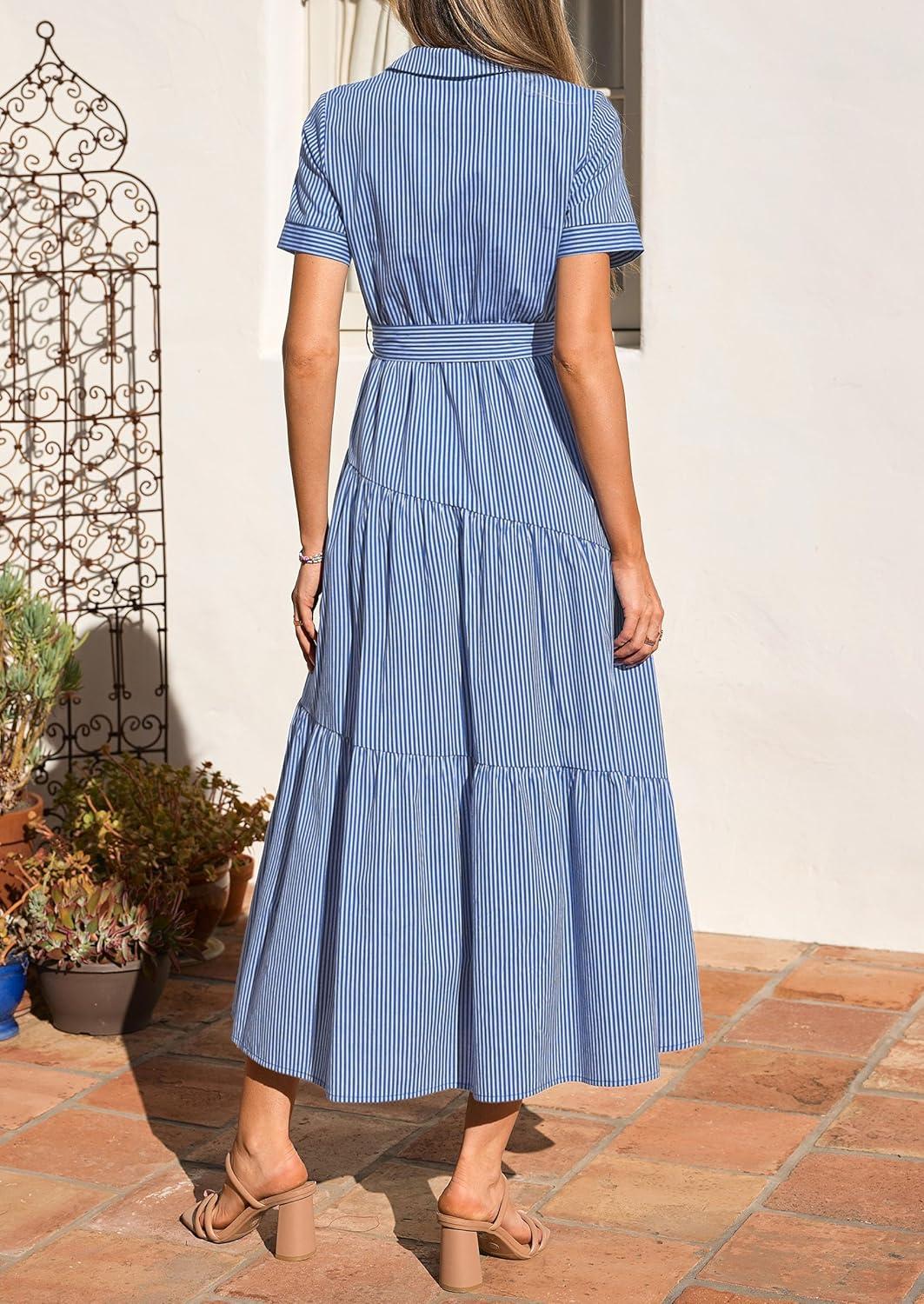 imagePRETTYGARDEN Womens Summer Maxi Button Up Shirt Dress 2026 Short Sleeve Striped A Line Long Flowy Elegant Spring DressesBlue Striped