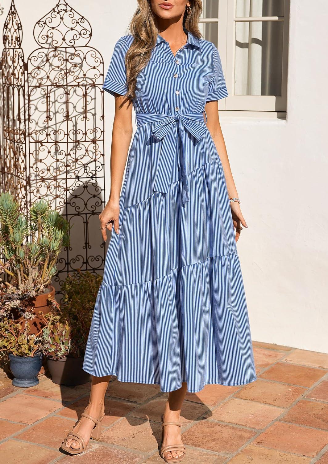 imagePRETTYGARDEN Womens Summer Maxi Button Up Shirt Dress 2026 Short Sleeve Striped A Line Long Flowy Elegant Spring DressesBlue Striped