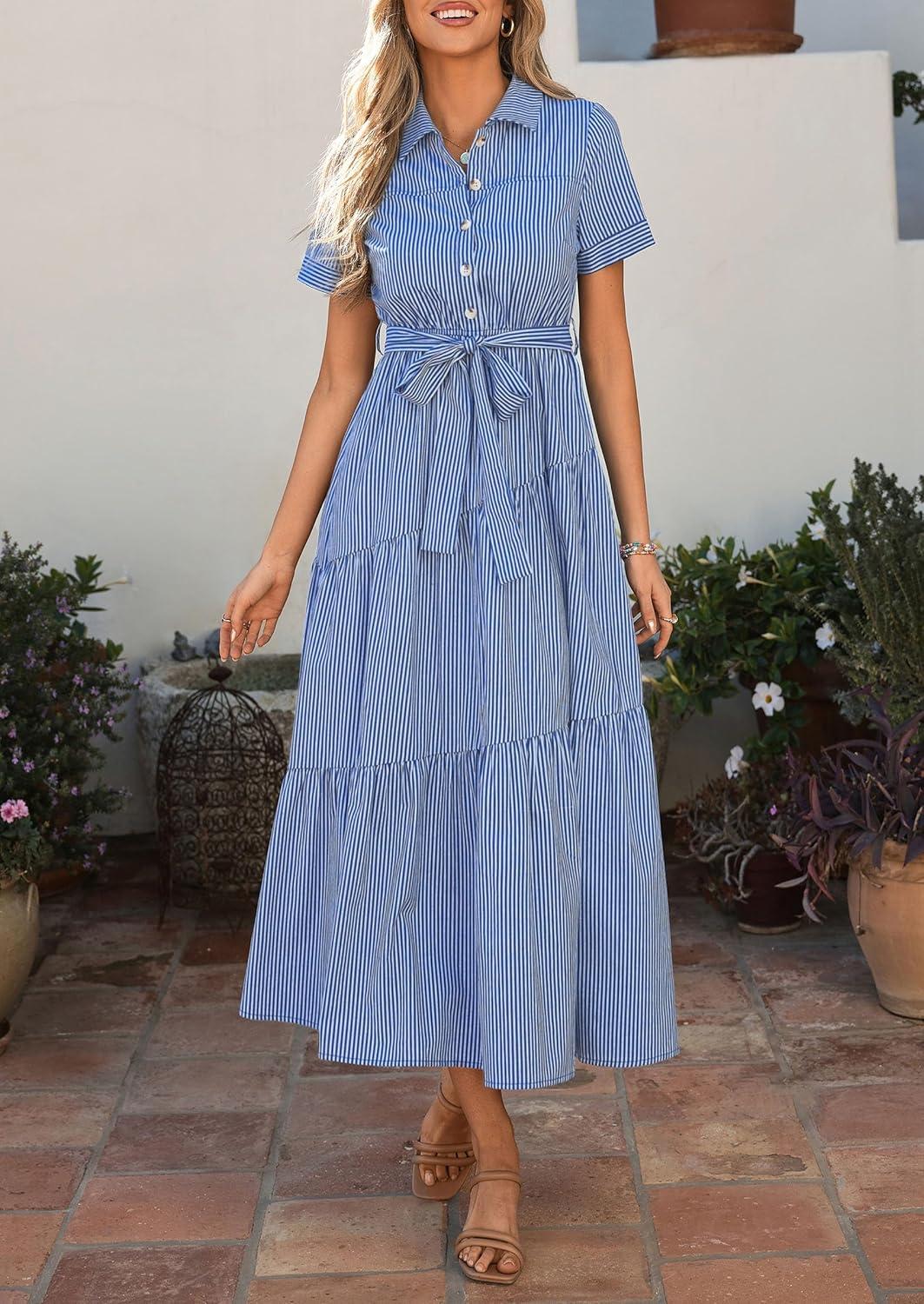 imagePRETTYGARDEN Womens Summer Maxi Button Up Shirt Dress 2026 Short Sleeve Striped A Line Long Flowy Elegant Spring DressesBlue Striped