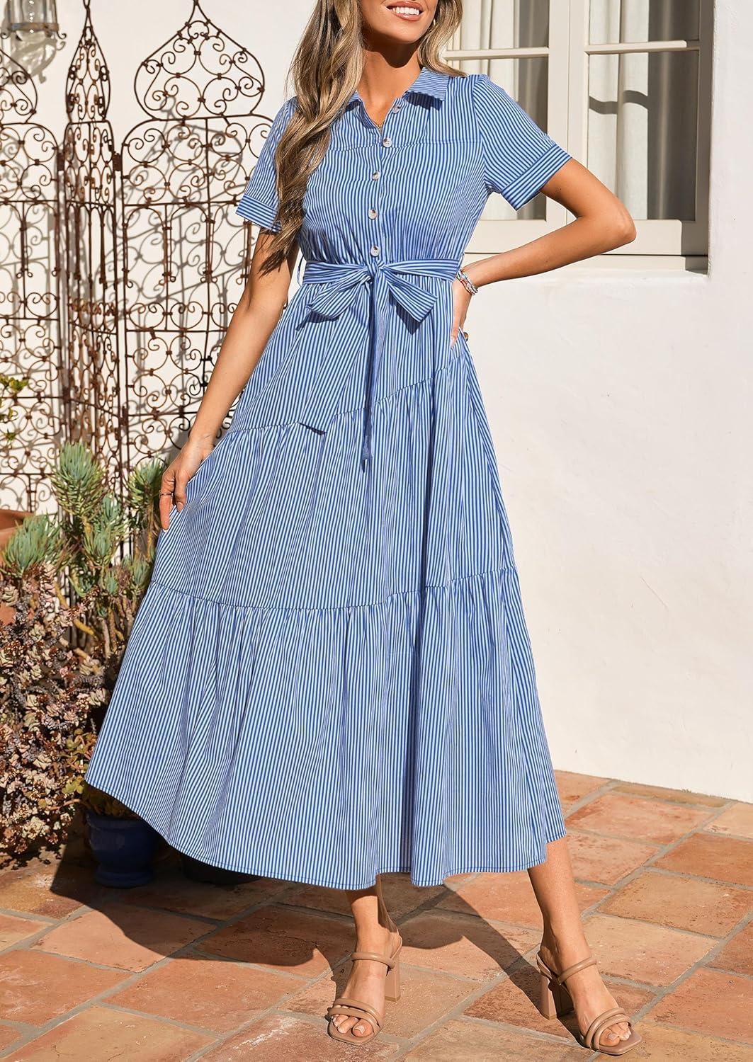 imagePRETTYGARDEN Womens Summer Maxi Button Up Shirt Dress 2026 Short Sleeve Striped A Line Long Flowy Elegant Spring DressesBlue Striped