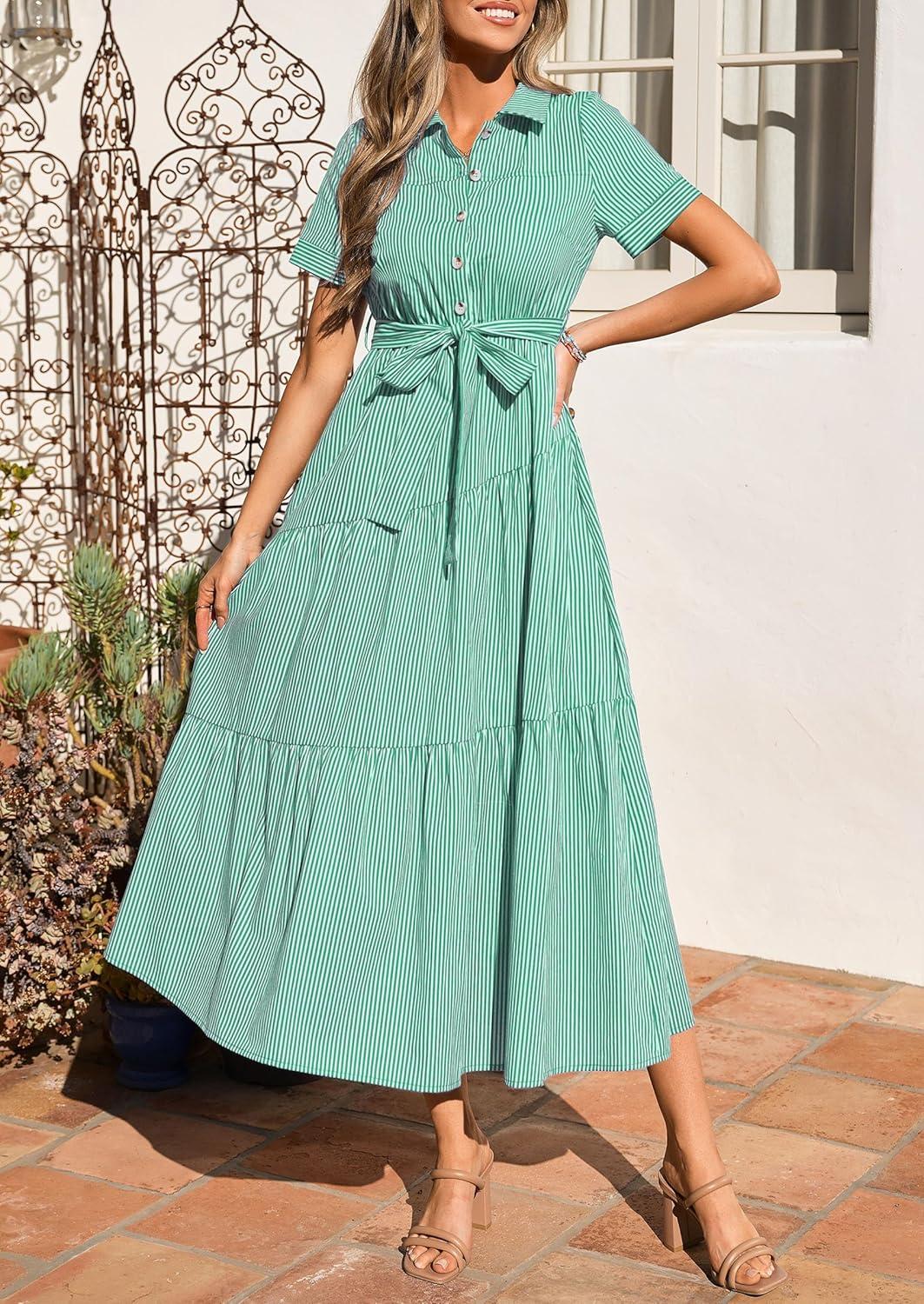 imagePRETTYGARDEN Womens Summer Maxi Button Up Shirt Dress 2026 Short Sleeve Striped A Line Long Flowy Elegant Spring DressesGreen Striped