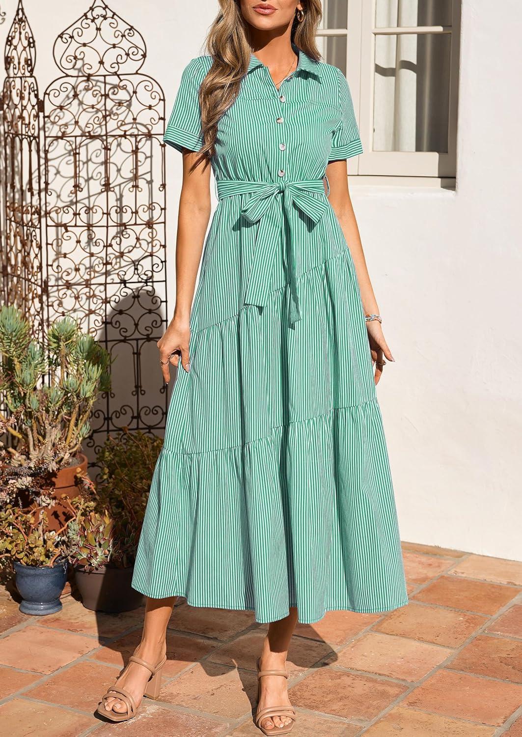 imagePRETTYGARDEN Womens Summer Maxi Button Up Shirt Dress 2026 Short Sleeve Striped A Line Long Flowy Elegant Spring DressesGreen Striped