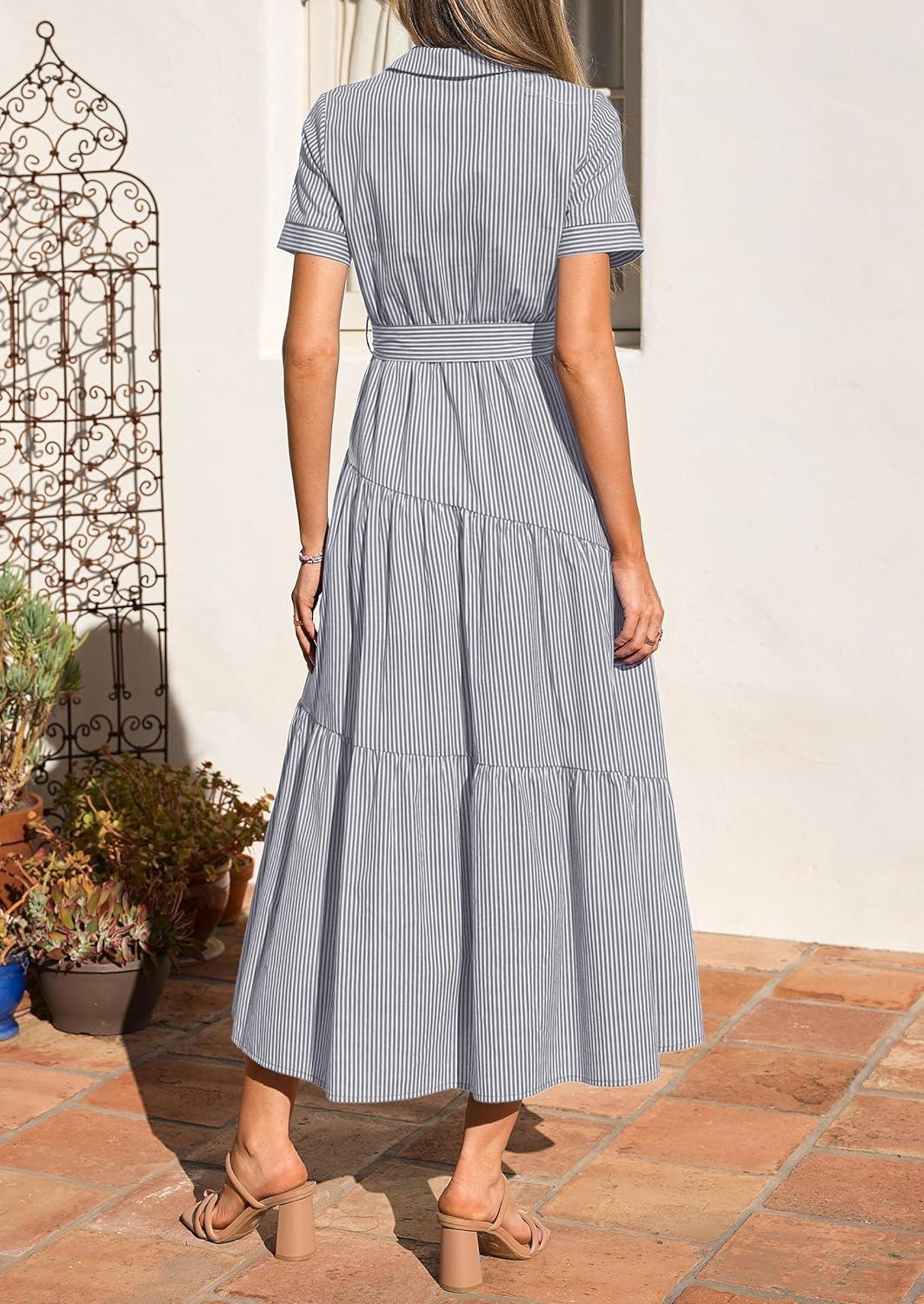 imagePRETTYGARDEN Womens Summer Maxi Button Up Shirt Dress 2026 Short Sleeve Striped A Line Long Flowy Elegant Spring DressesGrey Striped