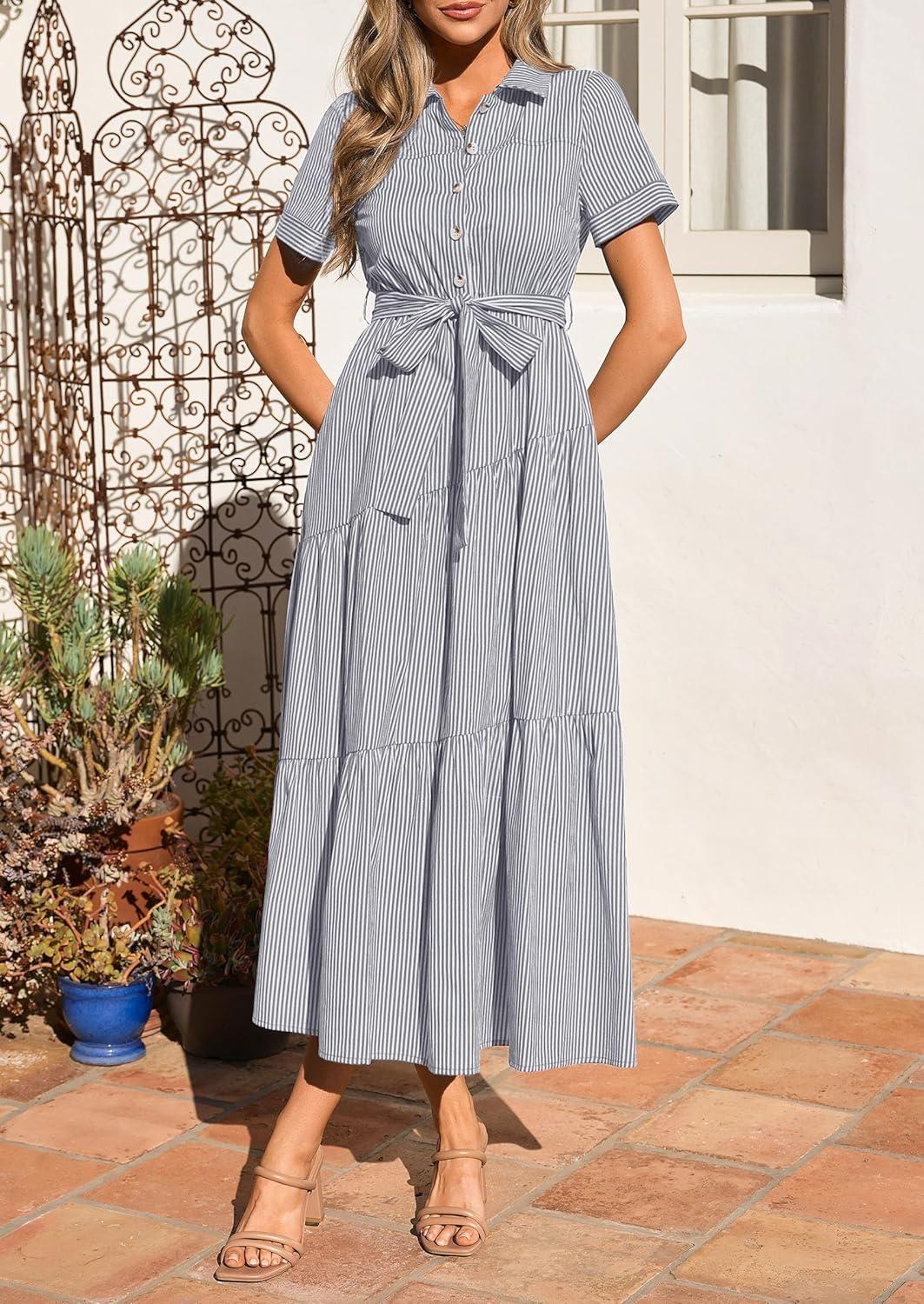 imagePRETTYGARDEN Womens Summer Maxi Button Up Shirt Dress 2026 Short Sleeve Striped A Line Long Flowy Elegant Spring DressesGrey Striped