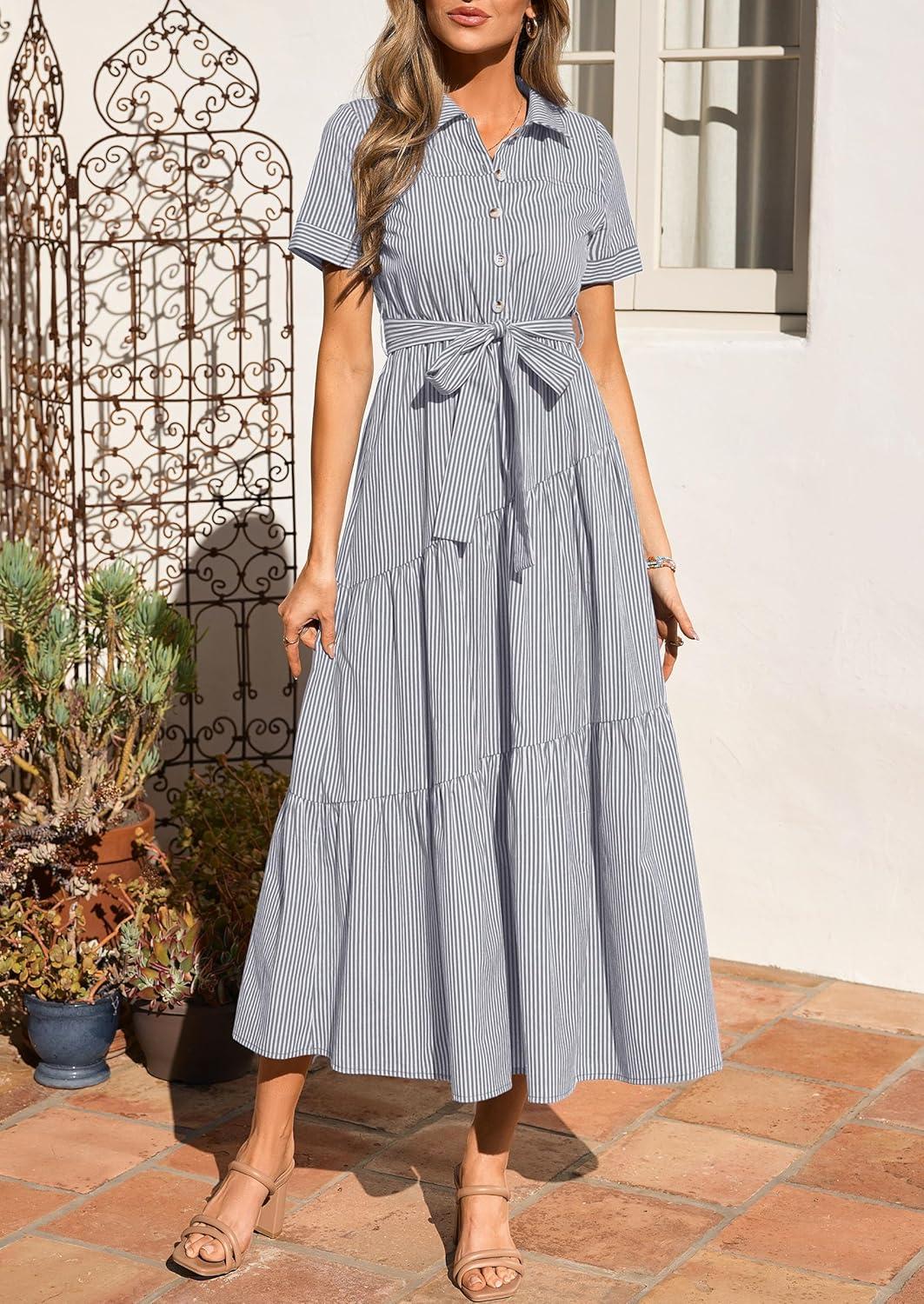 imagePRETTYGARDEN Womens Summer Maxi Button Up Shirt Dress 2026 Short Sleeve Striped A Line Long Flowy Elegant Spring DressesGrey Striped