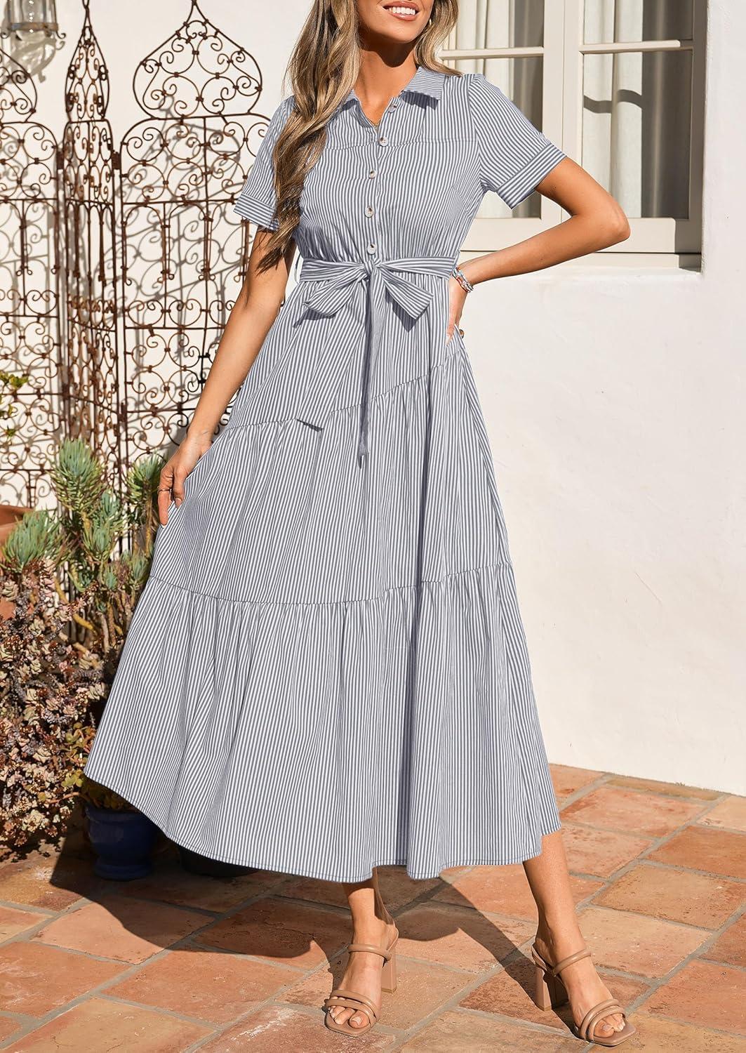 imagePRETTYGARDEN Womens Summer Maxi Button Up Shirt Dress 2026 Short Sleeve Striped A Line Long Flowy Elegant Spring DressesGrey Striped