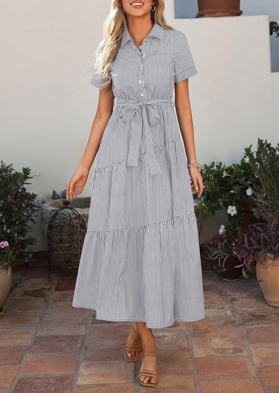 imagePRETTYGARDEN Womens Summer Maxi Button Up Shirt Dress 2026 Short Sleeve Striped A Line Long Flowy Elegant Spring DressesGrey Striped