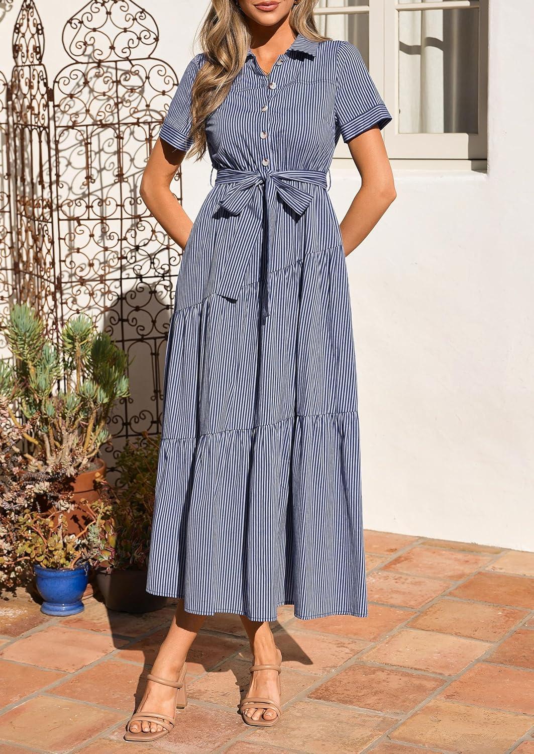 imagePRETTYGARDEN Womens Summer Maxi Button Up Shirt Dress 2026 Short Sleeve Striped A Line Long Flowy Elegant Spring DressesNavy Blue Striped