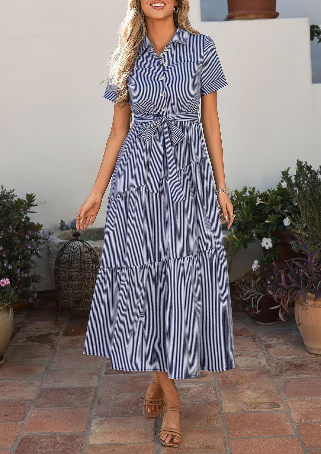 imagePRETTYGARDEN Womens Summer Maxi Button Up Shirt Dress 2026 Short Sleeve Striped A Line Long Flowy Elegant Spring DressesNavy Blue Striped