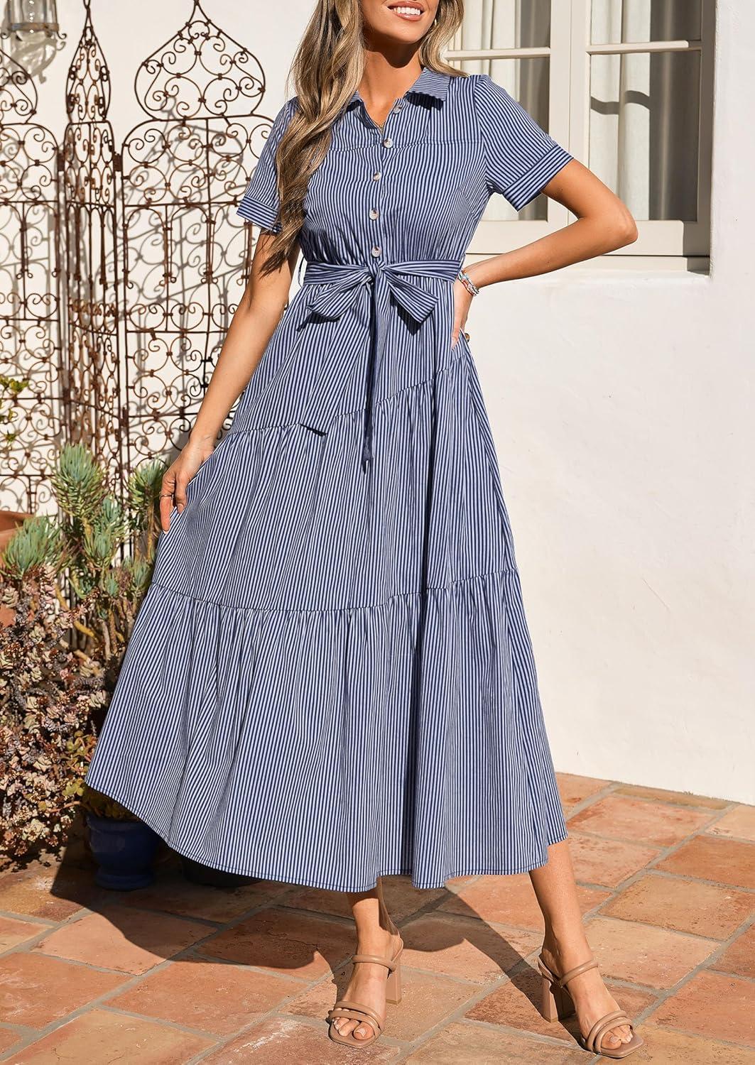 imagePRETTYGARDEN Womens Summer Maxi Button Up Shirt Dress 2026 Short Sleeve Striped A Line Long Flowy Elegant Spring DressesNavy Blue Striped