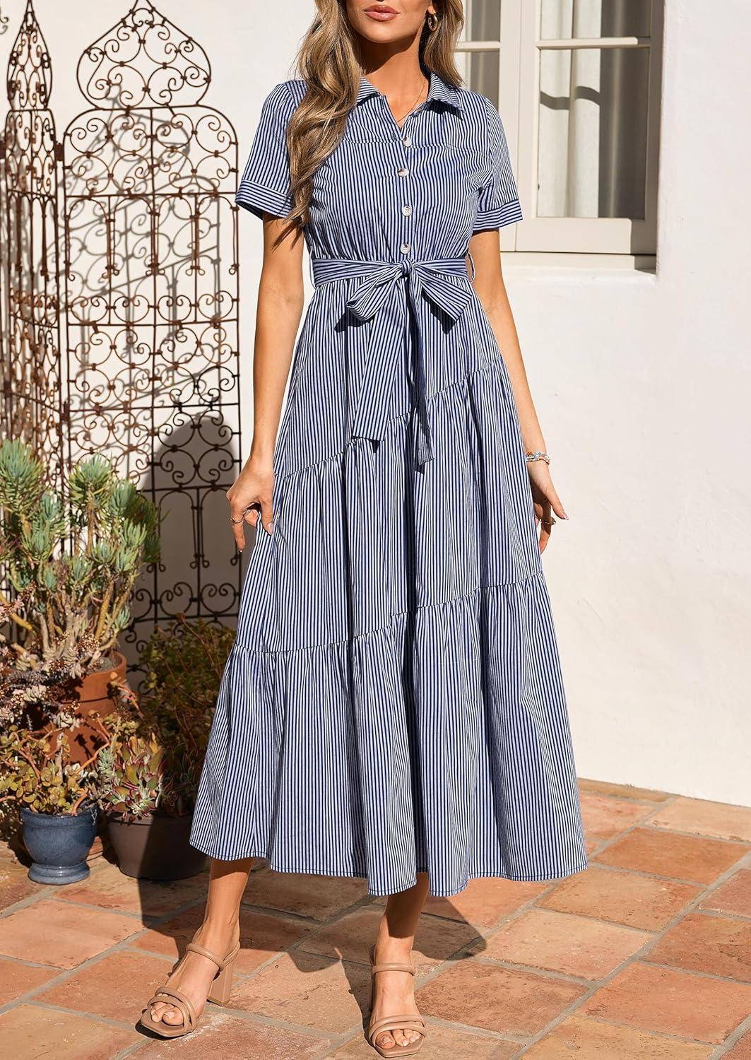 imagePRETTYGARDEN Womens Summer Maxi Button Up Shirt Dress 2026 Short Sleeve Striped A Line Long Flowy Elegant Spring DressesNavy Blue Striped