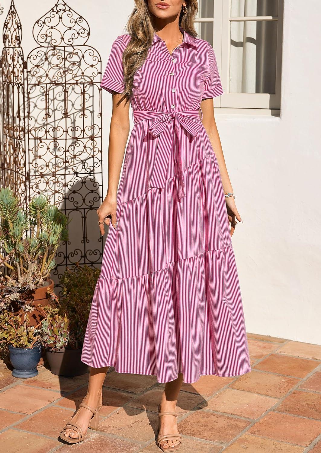 imagePRETTYGARDEN Womens Summer Maxi Button Up Shirt Dress 2026 Short Sleeve Striped A Line Long Flowy Elegant Spring DressesRose Red Striped