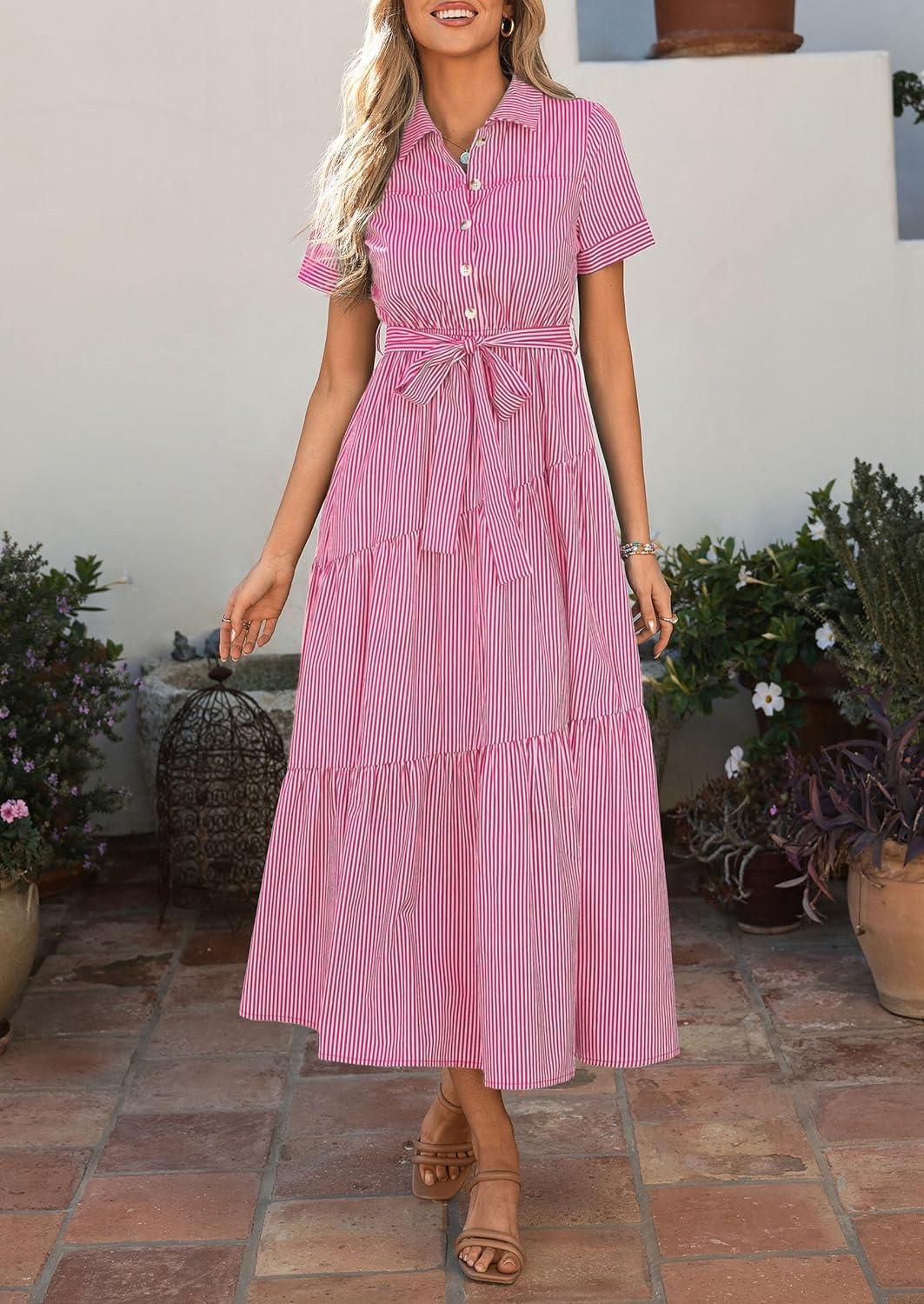imagePRETTYGARDEN Womens Summer Maxi Button Up Shirt Dress 2026 Short Sleeve Striped A Line Long Flowy Elegant Spring DressesRose Red Striped