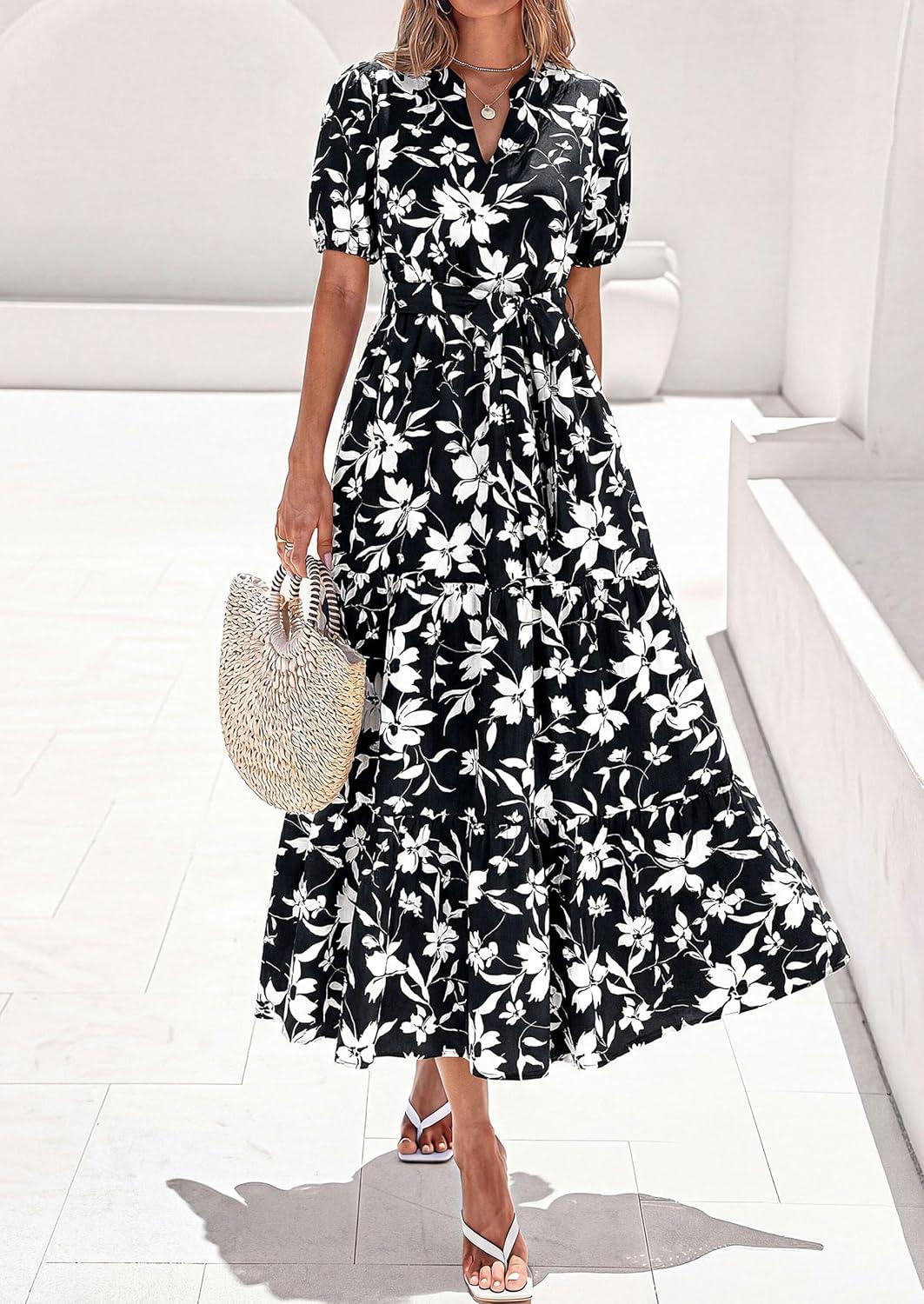 imagePRETTYGARDEN Womens Summer Maxi Dresses Boho Floral Short Sleeve V Neck Casual Wedding Guest 2026 Beach Vacation OutfitsFloral Black White