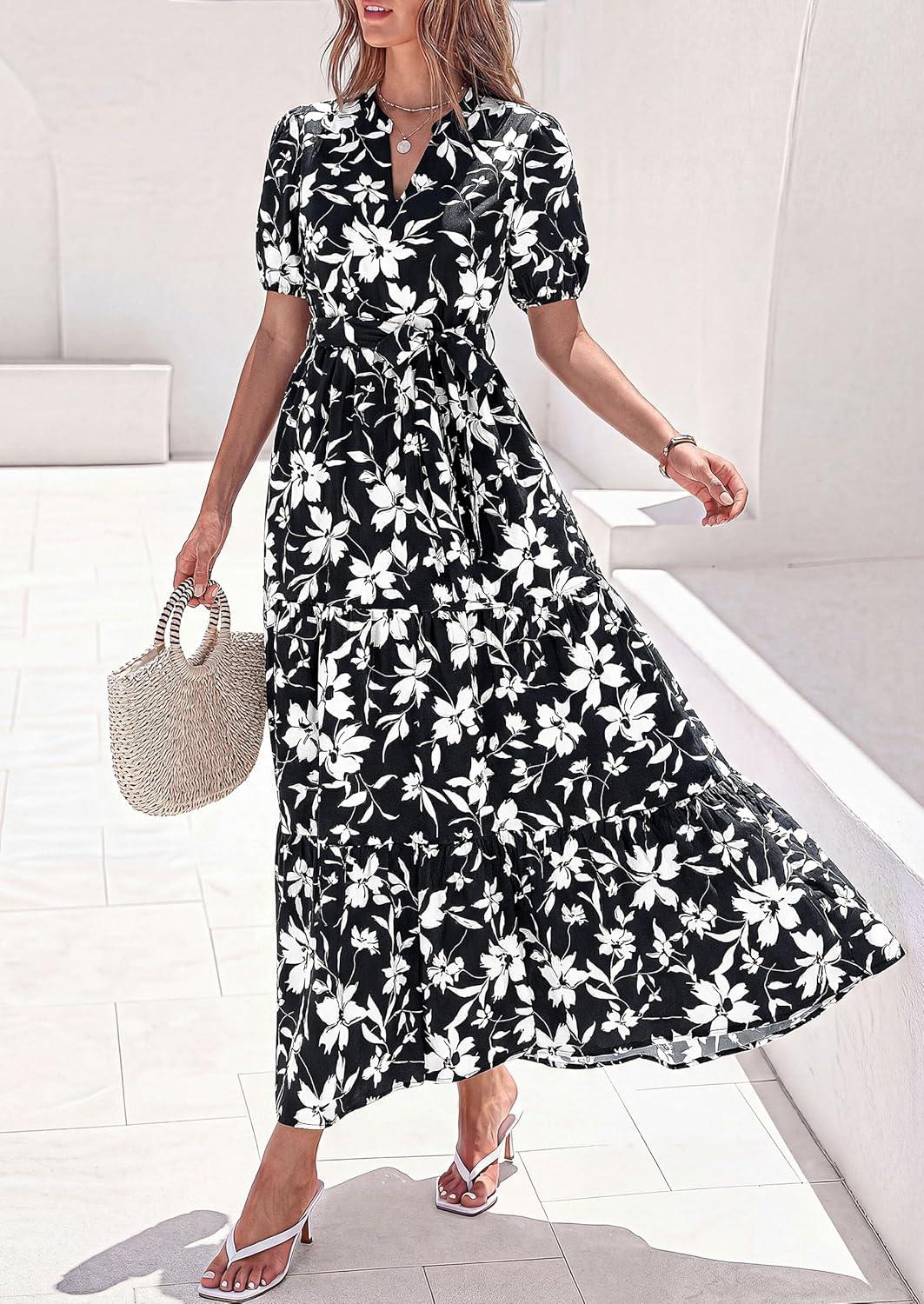 imagePRETTYGARDEN Womens Summer Maxi Dresses Boho Floral Short Sleeve V Neck Casual Wedding Guest 2026 Beach Vacation OutfitsFloral Black White