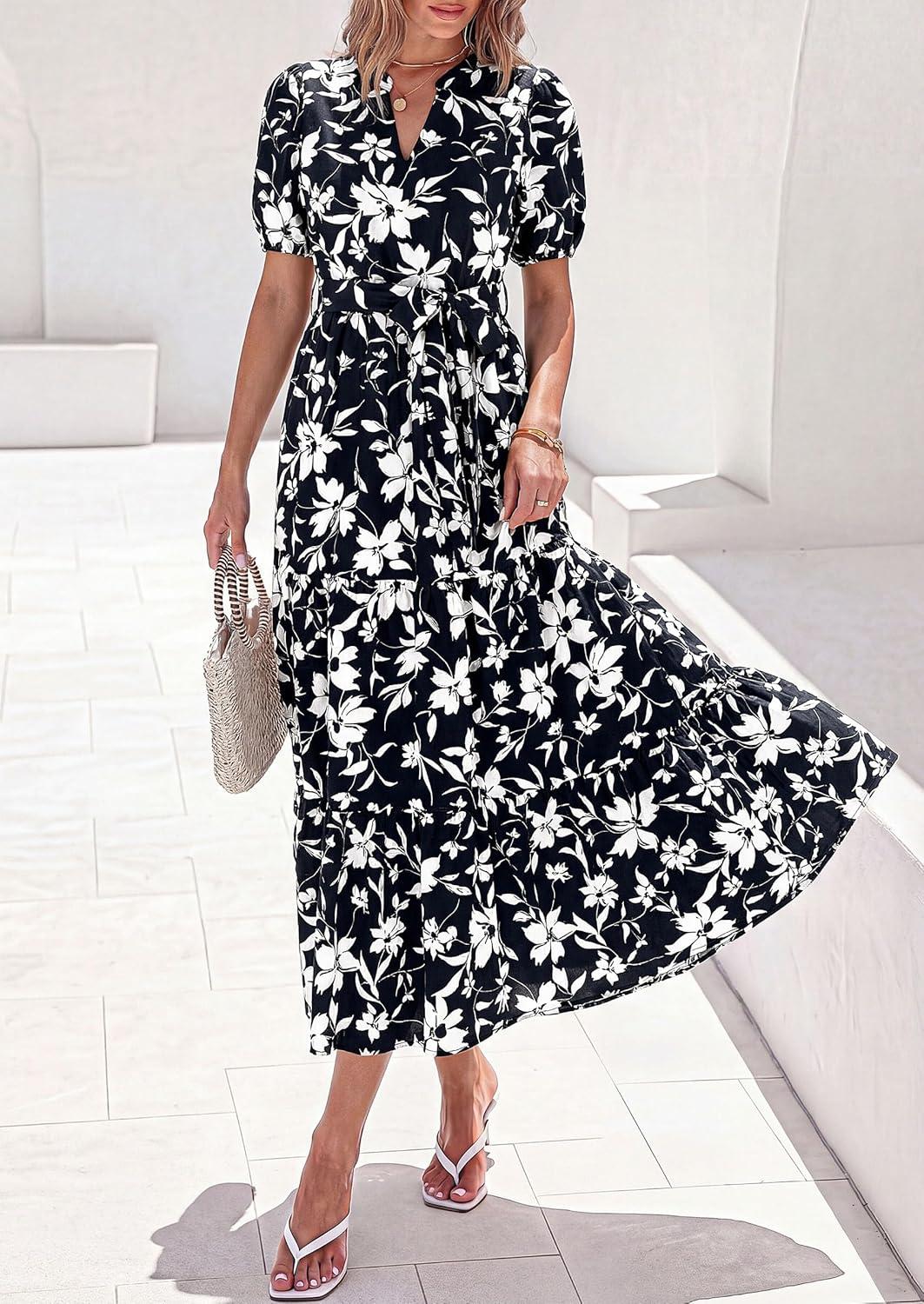 imagePRETTYGARDEN Womens Summer Maxi Dresses Boho Floral Short Sleeve V Neck Casual Wedding Guest 2026 Beach Vacation OutfitsFloral Black White