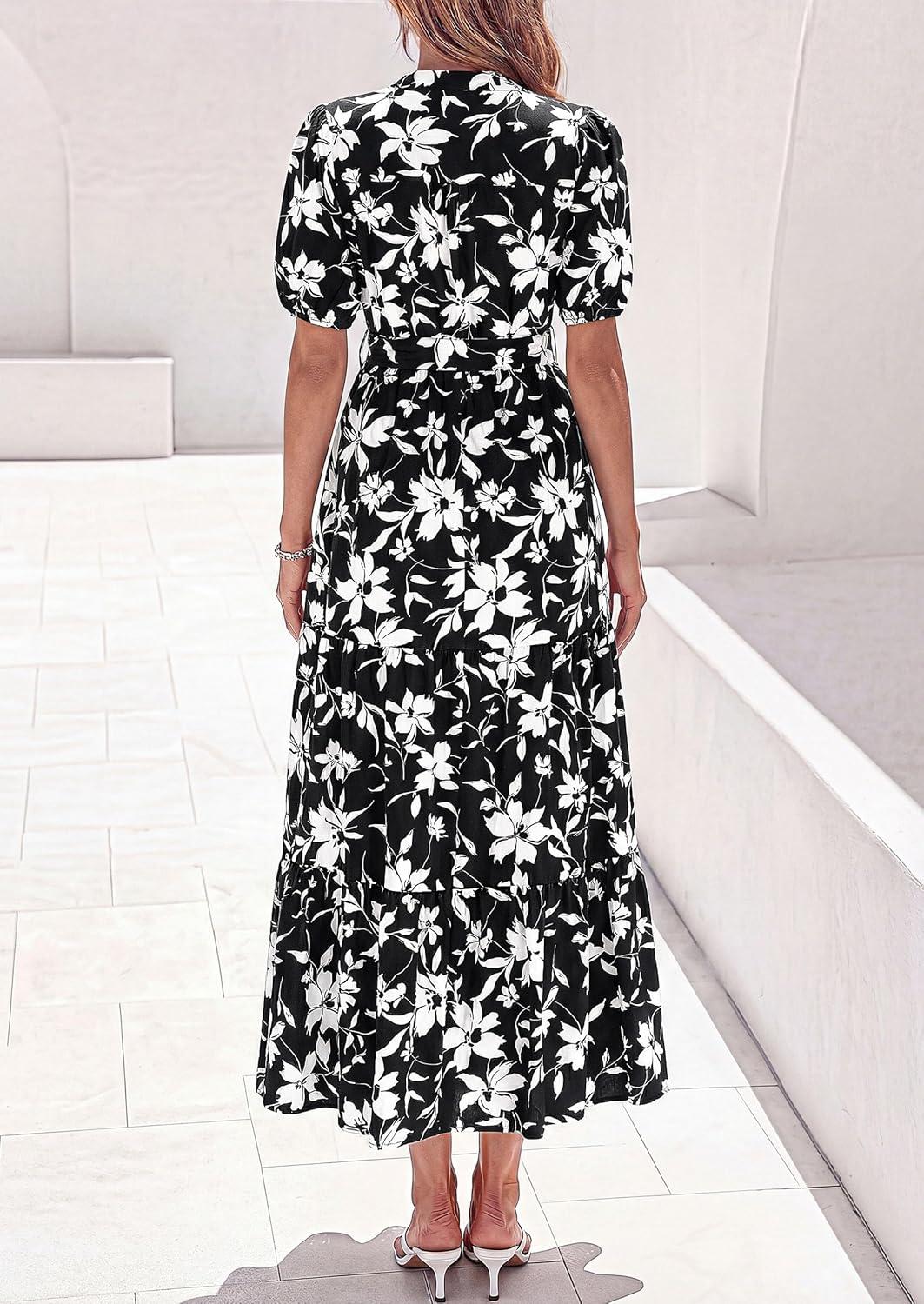 imagePRETTYGARDEN Womens Summer Maxi Dresses Boho Floral Short Sleeve V Neck Casual Wedding Guest 2026 Beach Vacation OutfitsFloral Black White