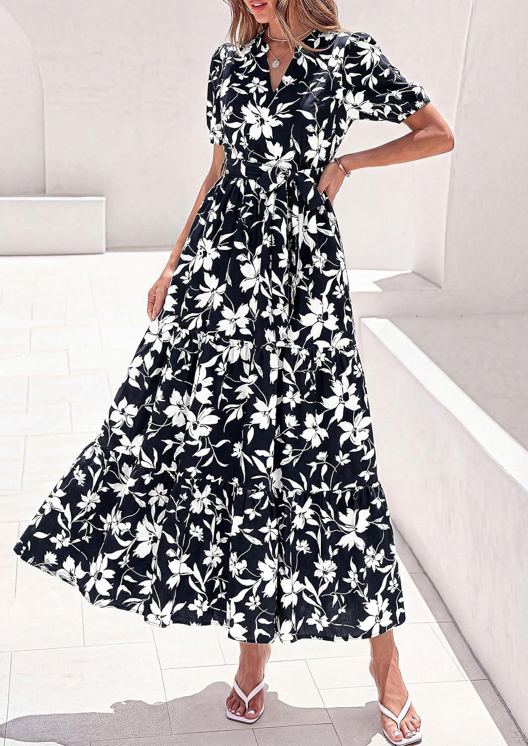 imagePRETTYGARDEN Womens Summer Maxi Dresses Boho Floral Short Sleeve V Neck Casual Wedding Guest 2026 Beach Vacation OutfitsFloral Black White