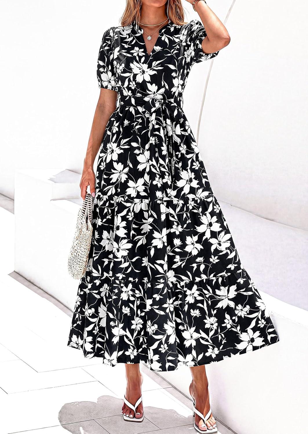 imagePRETTYGARDEN Womens Summer Maxi Dresses Boho Floral Short Sleeve V Neck Casual Wedding Guest 2026 Beach Vacation OutfitsFloral Black White