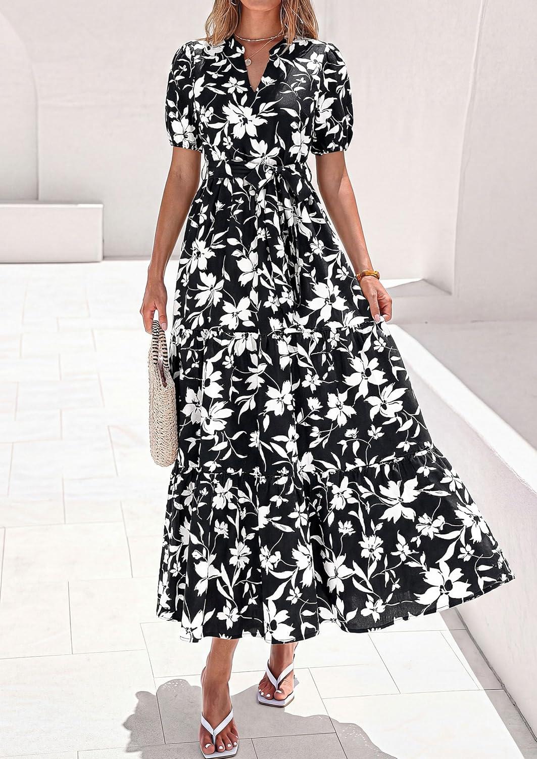imagePRETTYGARDEN Womens Summer Maxi Dresses Boho Floral Short Sleeve V Neck Casual Wedding Guest 2026 Beach Vacation OutfitsFloral Black White