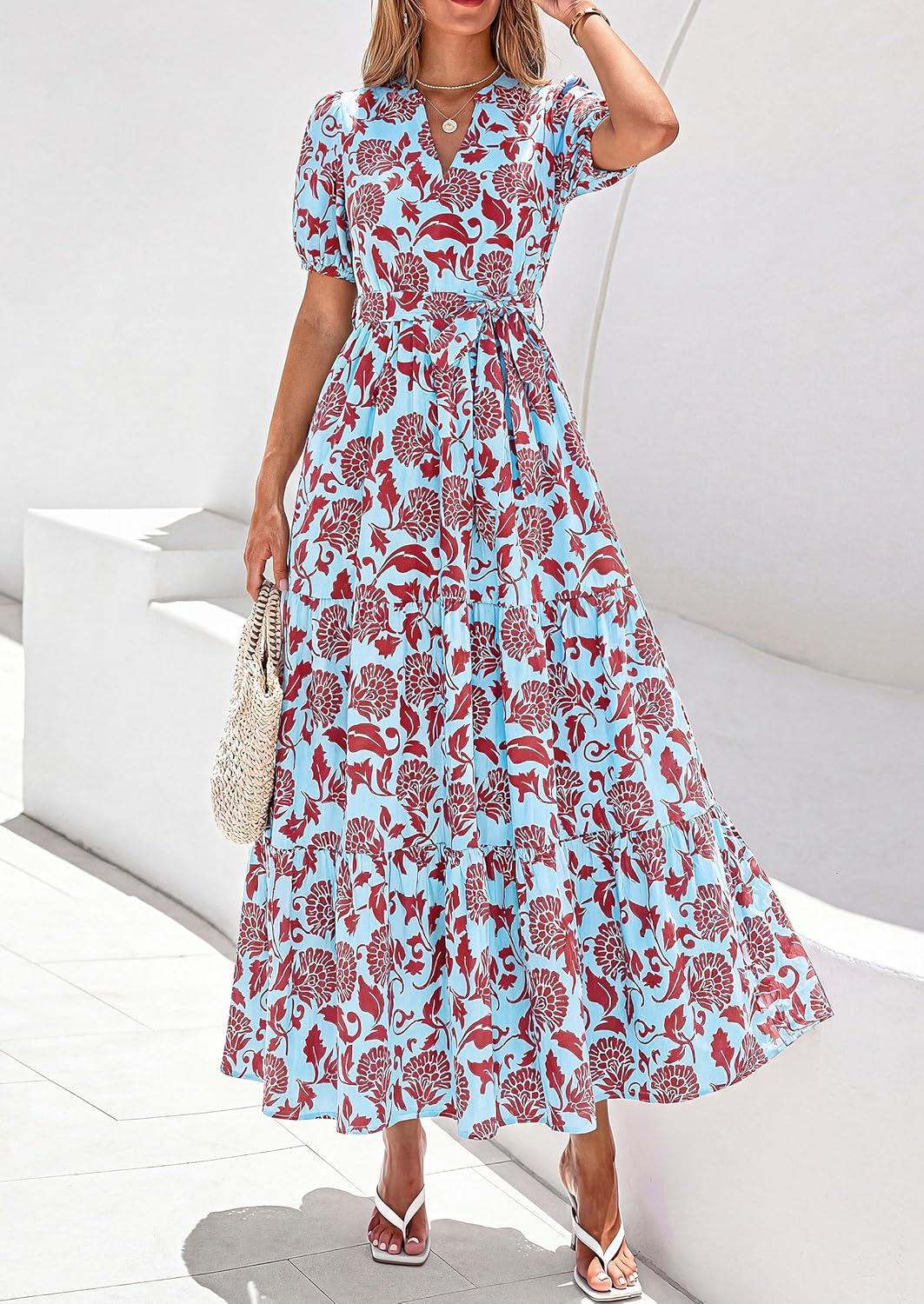 imagePRETTYGARDEN Womens Summer Maxi Dresses Boho Floral Short Sleeve V Neck Casual Wedding Guest 2026 Beach Vacation OutfitsFloral Blue Brown