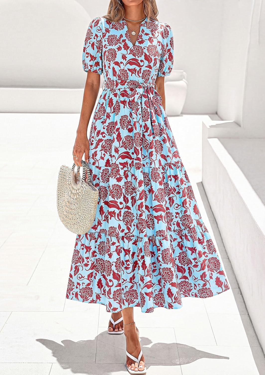 imagePRETTYGARDEN Womens Summer Maxi Dresses Boho Floral Short Sleeve V Neck Casual Wedding Guest 2026 Beach Vacation OutfitsFloral Blue Brown