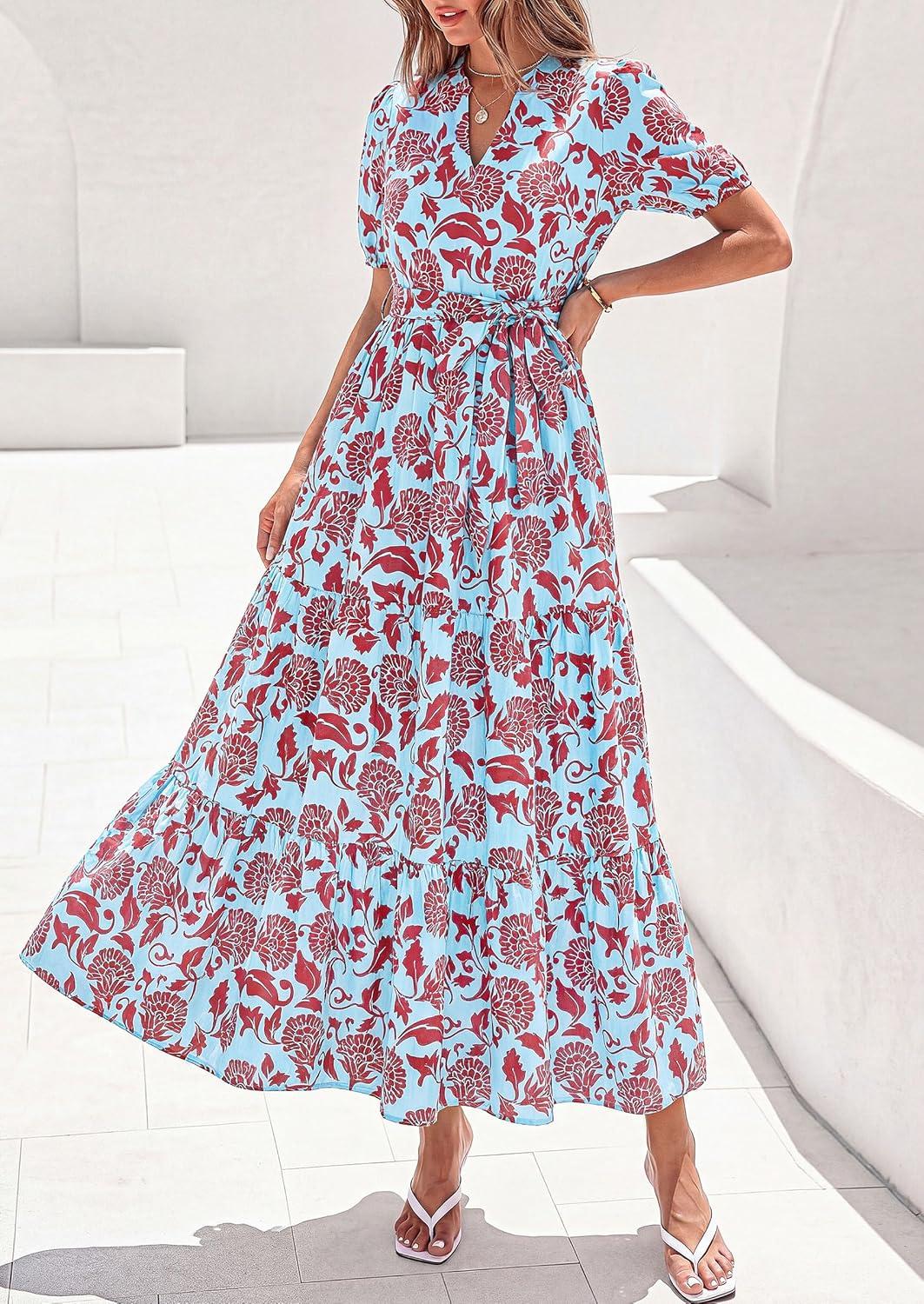 imagePRETTYGARDEN Womens Summer Maxi Dresses Boho Floral Short Sleeve V Neck Casual Wedding Guest 2026 Beach Vacation OutfitsFloral Blue Brown