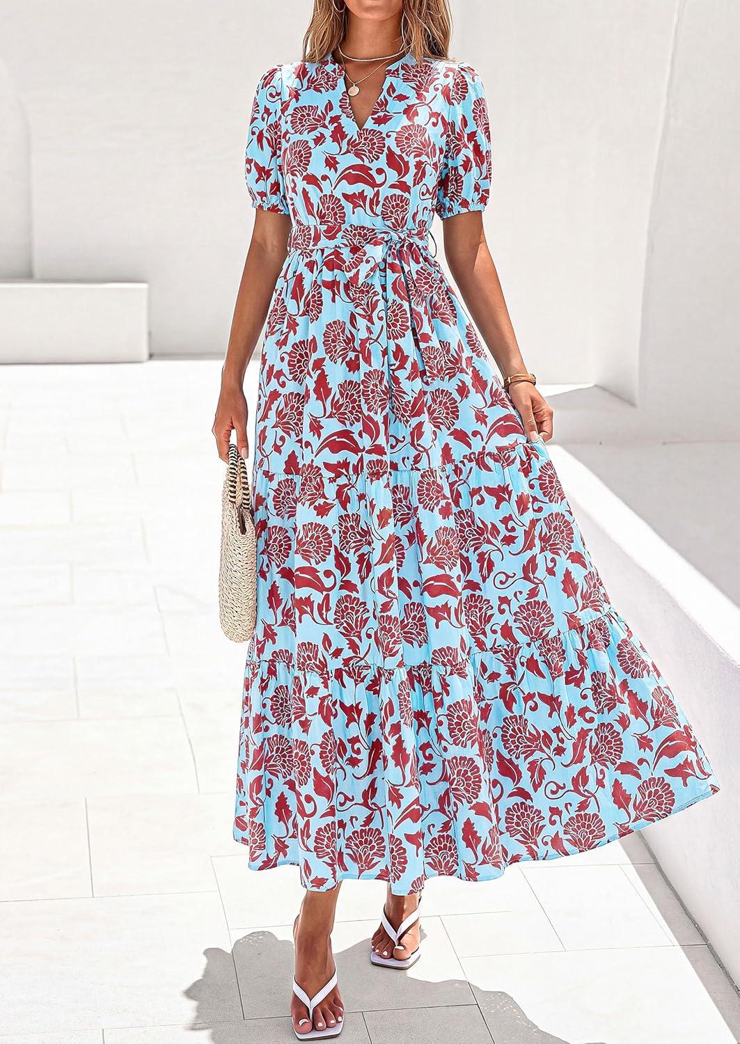 imagePRETTYGARDEN Womens Summer Maxi Dresses Boho Floral Short Sleeve V Neck Casual Wedding Guest 2026 Beach Vacation OutfitsFloral Blue Brown