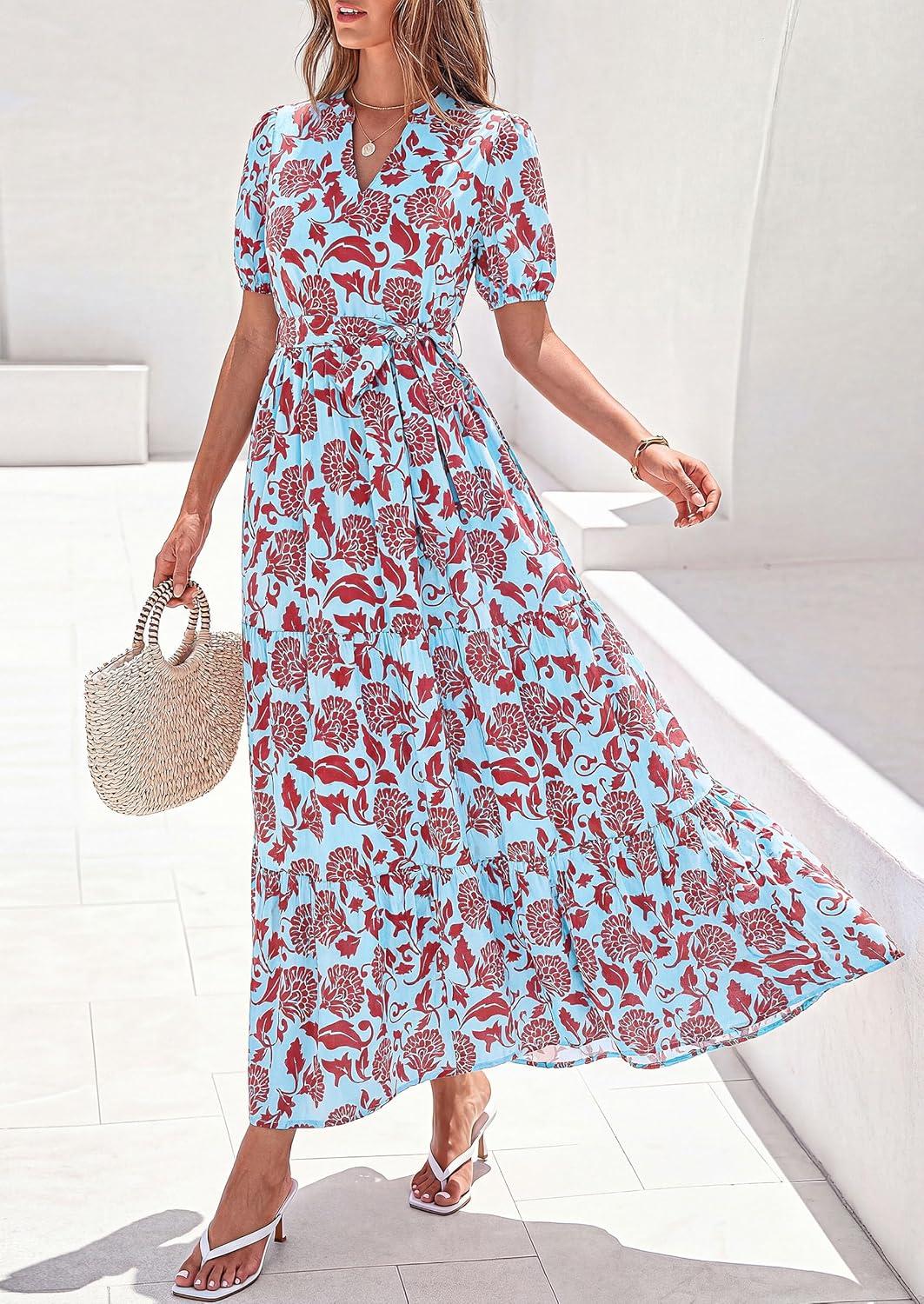 imagePRETTYGARDEN Womens Summer Maxi Dresses Boho Floral Short Sleeve V Neck Casual Wedding Guest 2026 Beach Vacation OutfitsFloral Blue Brown