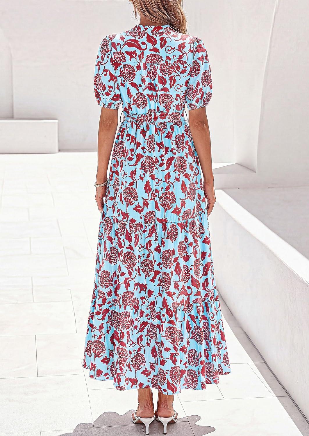 imagePRETTYGARDEN Womens Summer Maxi Dresses Boho Floral Short Sleeve V Neck Casual Wedding Guest 2026 Beach Vacation OutfitsFloral Blue Brown
