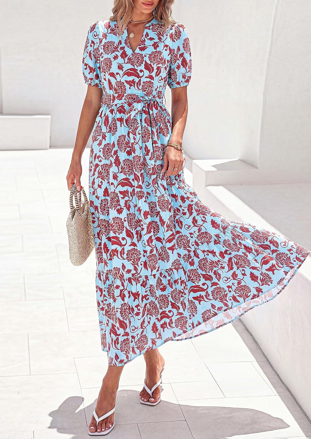 imagePRETTYGARDEN Womens Summer Maxi Dresses Boho Floral Short Sleeve V Neck Casual Wedding Guest 2026 Beach Vacation OutfitsFloral Blue Brown