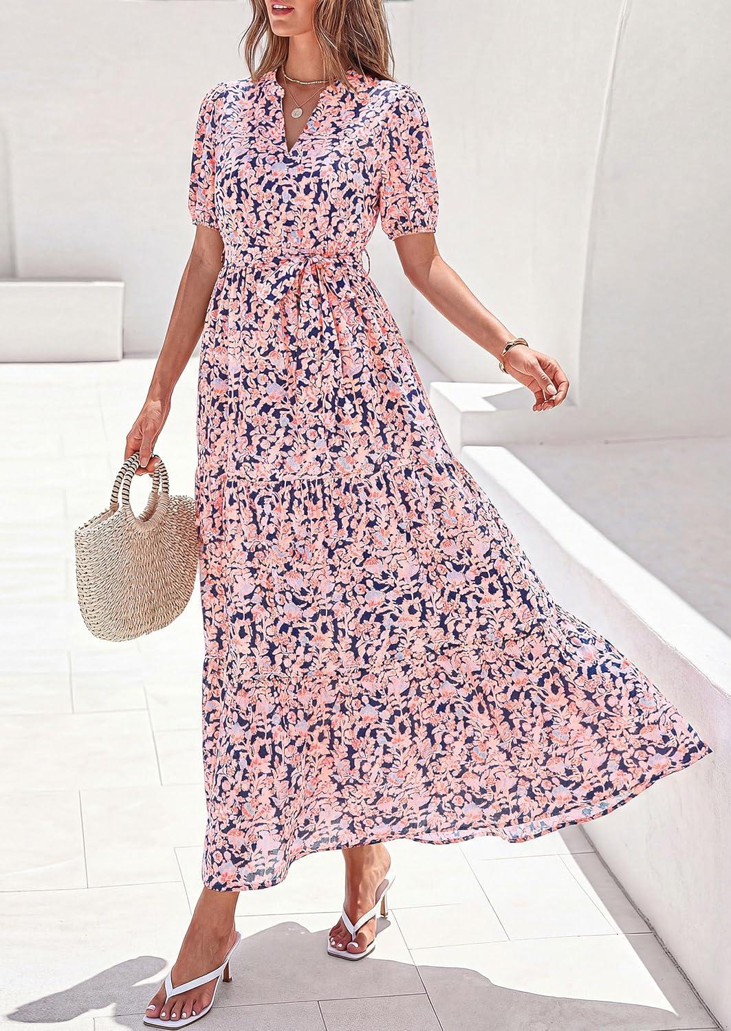 imagePRETTYGARDEN Womens Summer Maxi Dresses Boho Floral Short Sleeve V Neck Casual Wedding Guest 2026 Beach Vacation OutfitsFloral Navy Blue