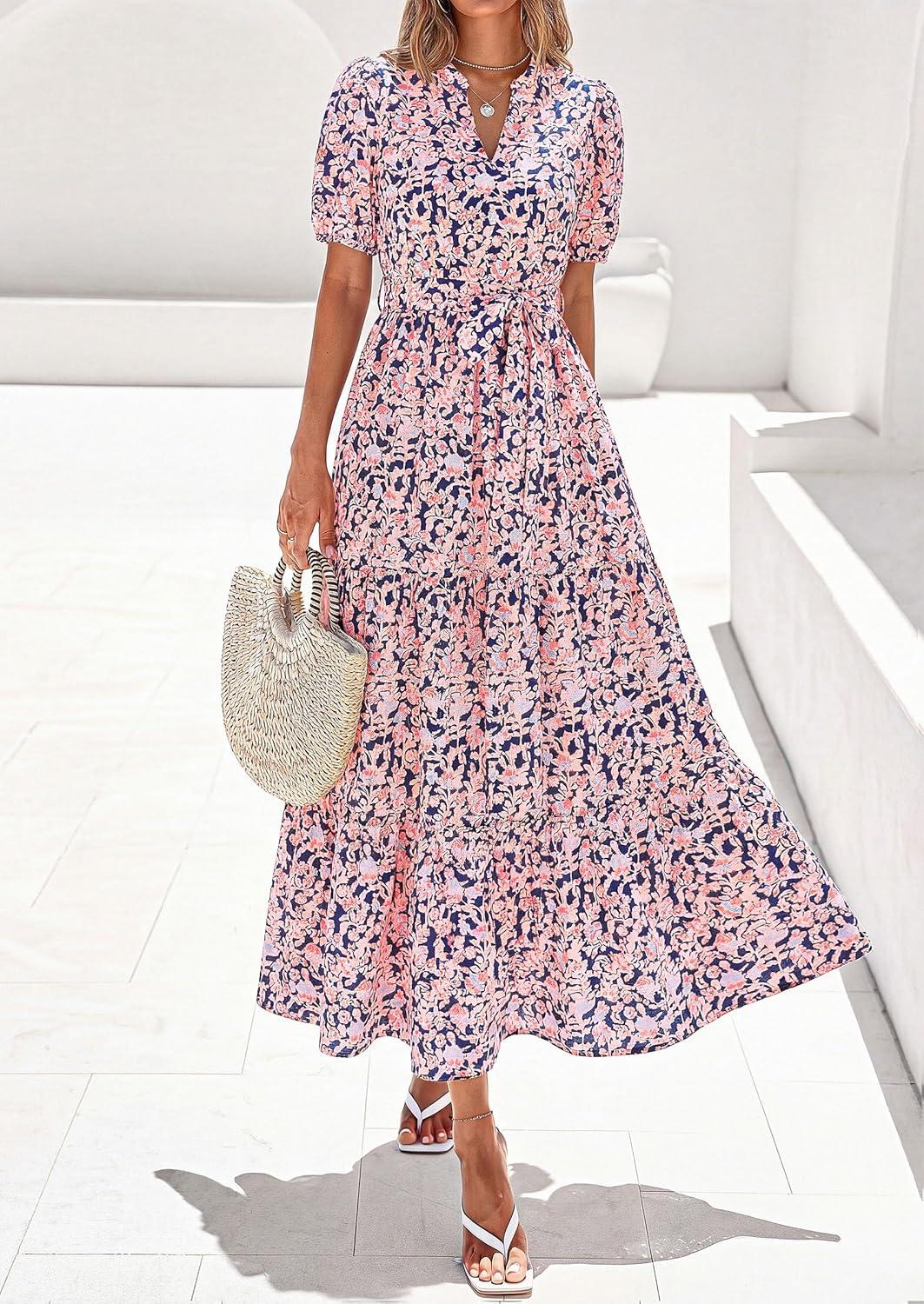 imagePRETTYGARDEN Womens Summer Maxi Dresses Boho Floral Short Sleeve V Neck Casual Wedding Guest 2026 Beach Vacation OutfitsFloral Navy Blue