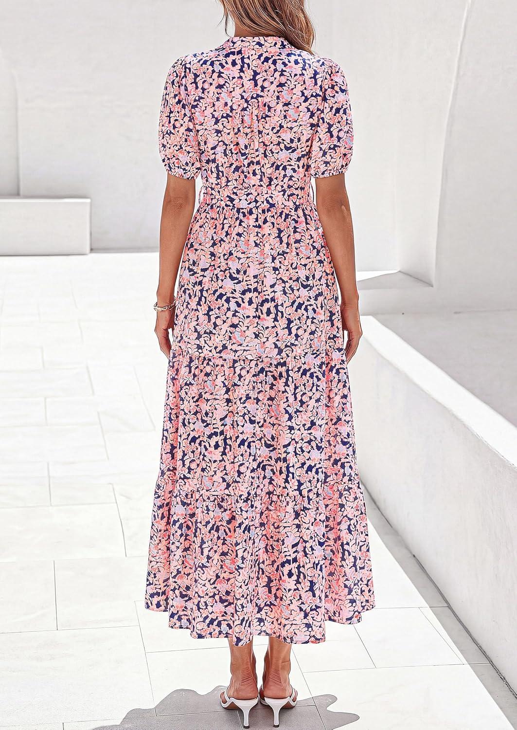 imagePRETTYGARDEN Womens Summer Maxi Dresses Boho Floral Short Sleeve V Neck Casual Wedding Guest 2026 Beach Vacation OutfitsFloral Navy Blue