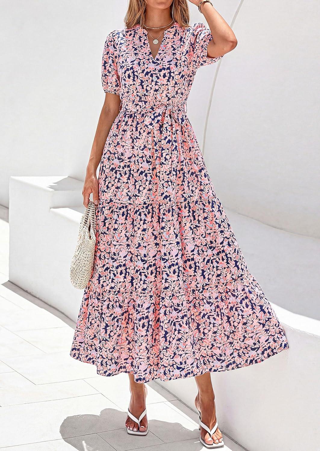 imagePRETTYGARDEN Womens Summer Maxi Dresses Boho Floral Short Sleeve V Neck Casual Wedding Guest 2026 Beach Vacation OutfitsFloral Navy Blue