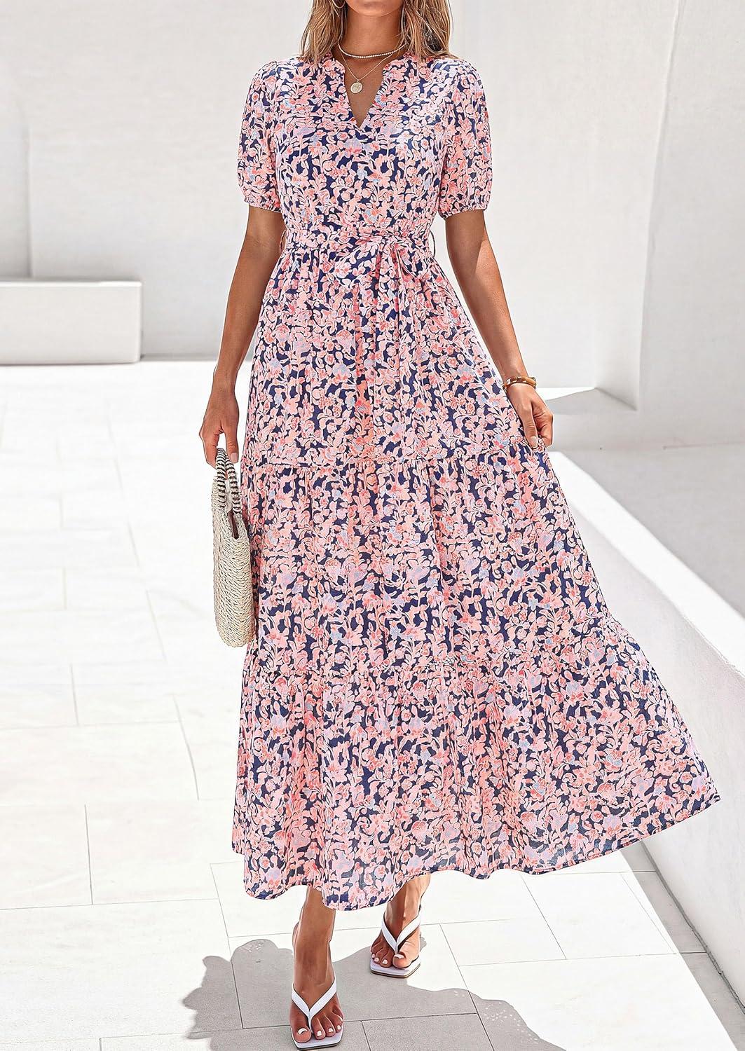 imagePRETTYGARDEN Womens Summer Maxi Dresses Boho Floral Short Sleeve V Neck Casual Wedding Guest 2026 Beach Vacation OutfitsFloral Navy Blue
