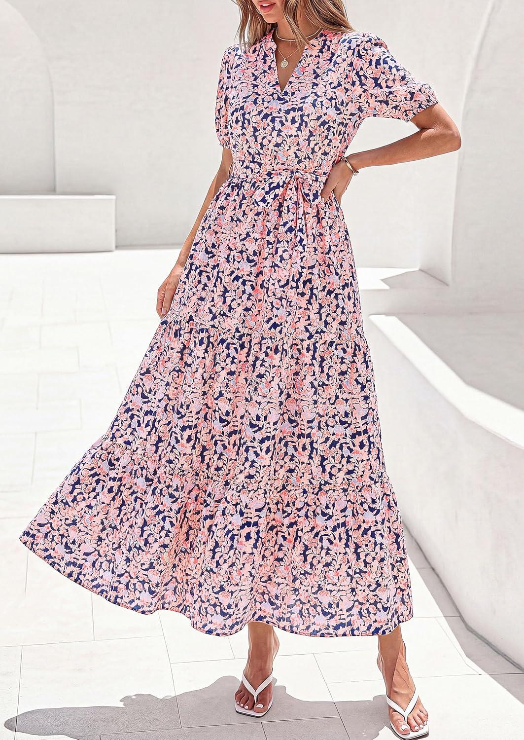 imagePRETTYGARDEN Womens Summer Maxi Dresses Boho Floral Short Sleeve V Neck Casual Wedding Guest 2026 Beach Vacation OutfitsFloral Navy Blue